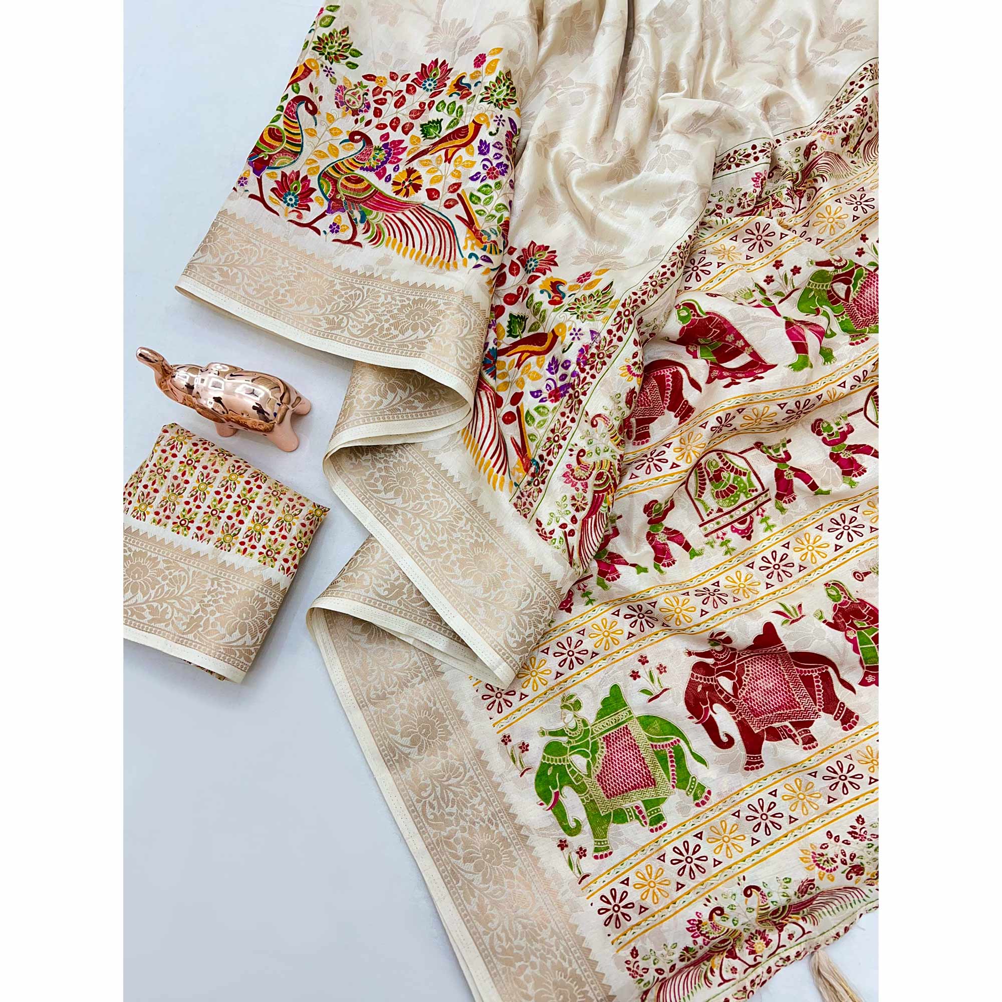 Cream Tussar Silk Jacquard Saree With Intricate Floral Zari Weaving & Tassel Border
