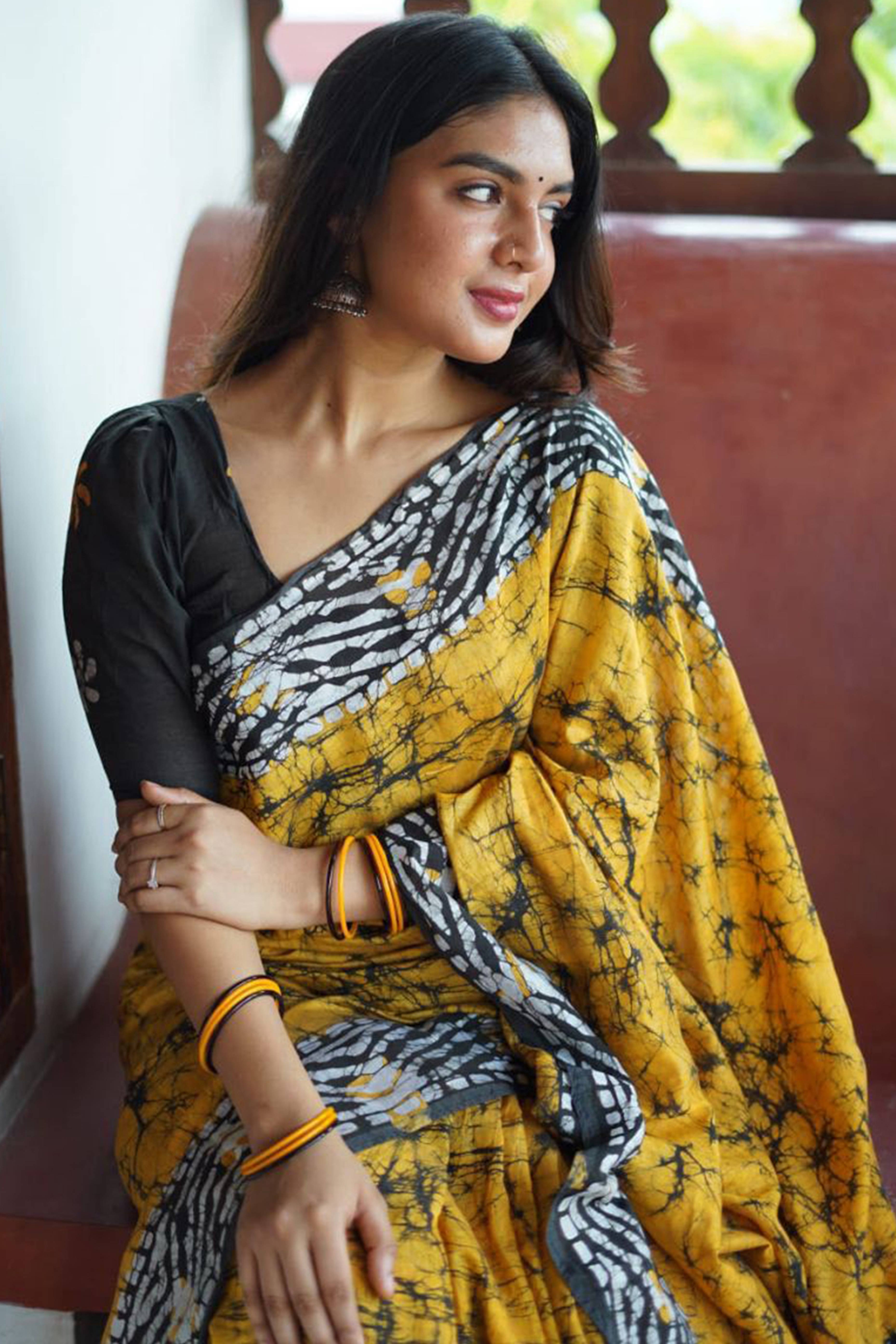 Mustard Digital Printed Linen Cotton Saree
