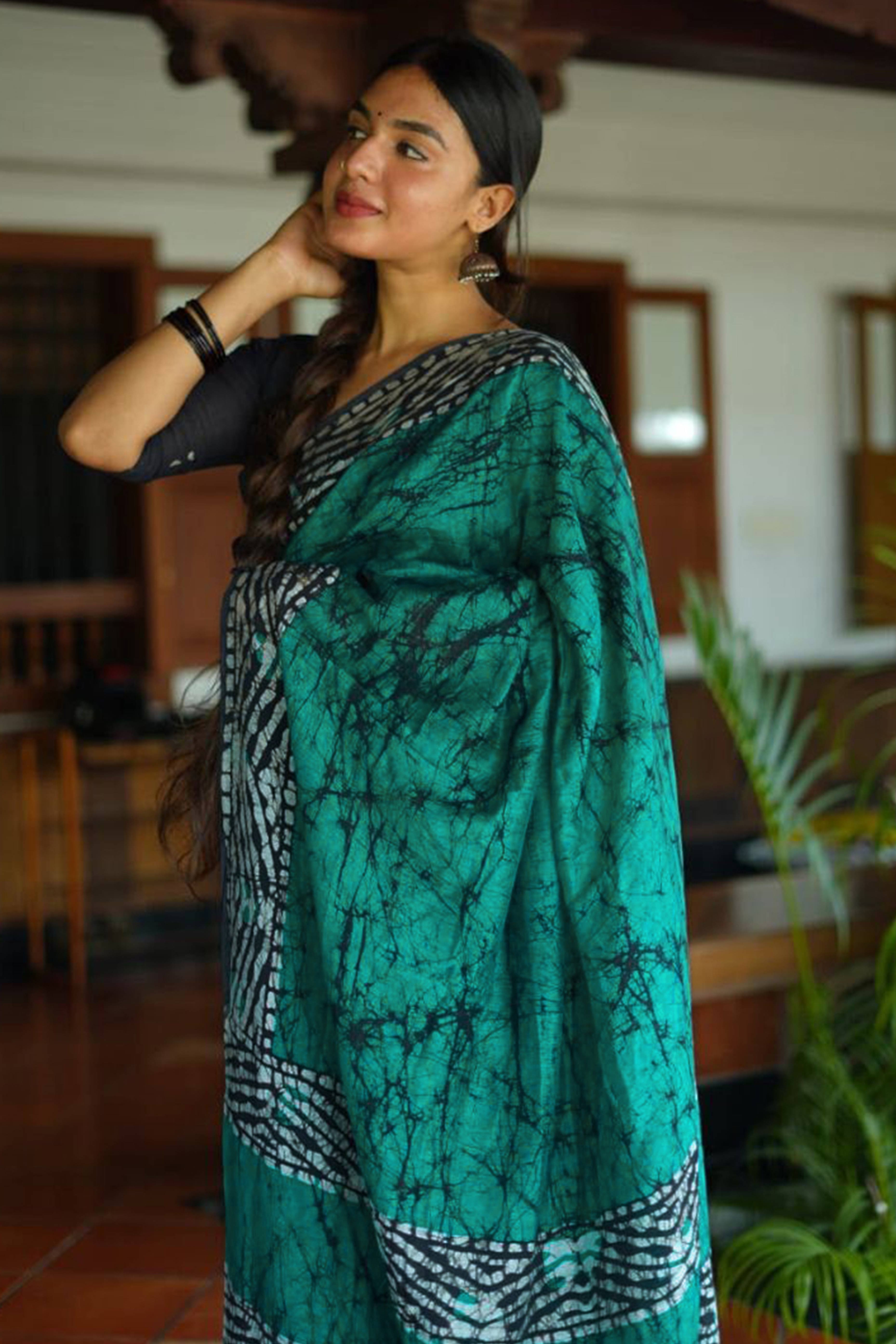 Turquoise Digital Printed Linen Cotton Saree
