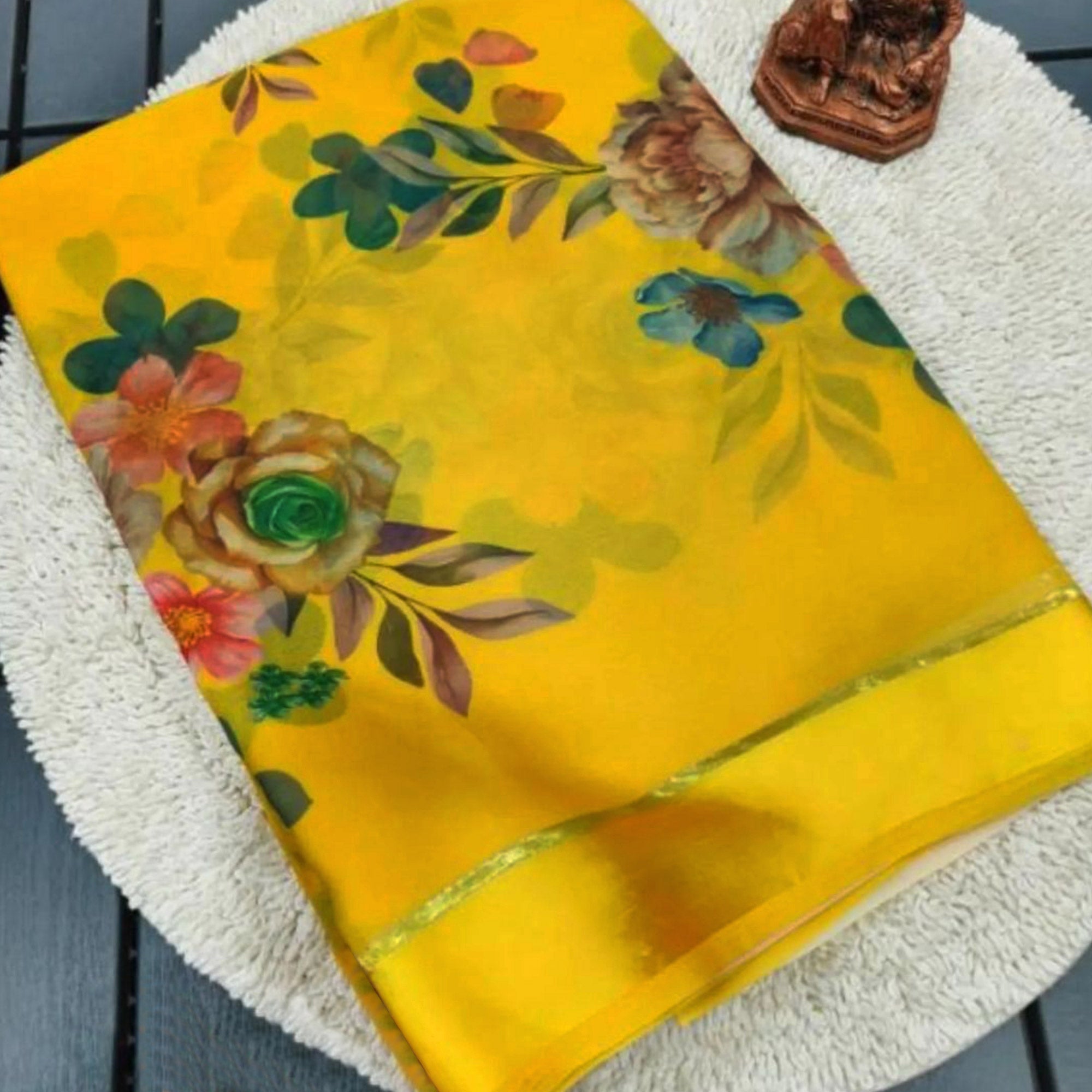 Yellow Floral Printed Moss Chiffon Saree With Zari Border