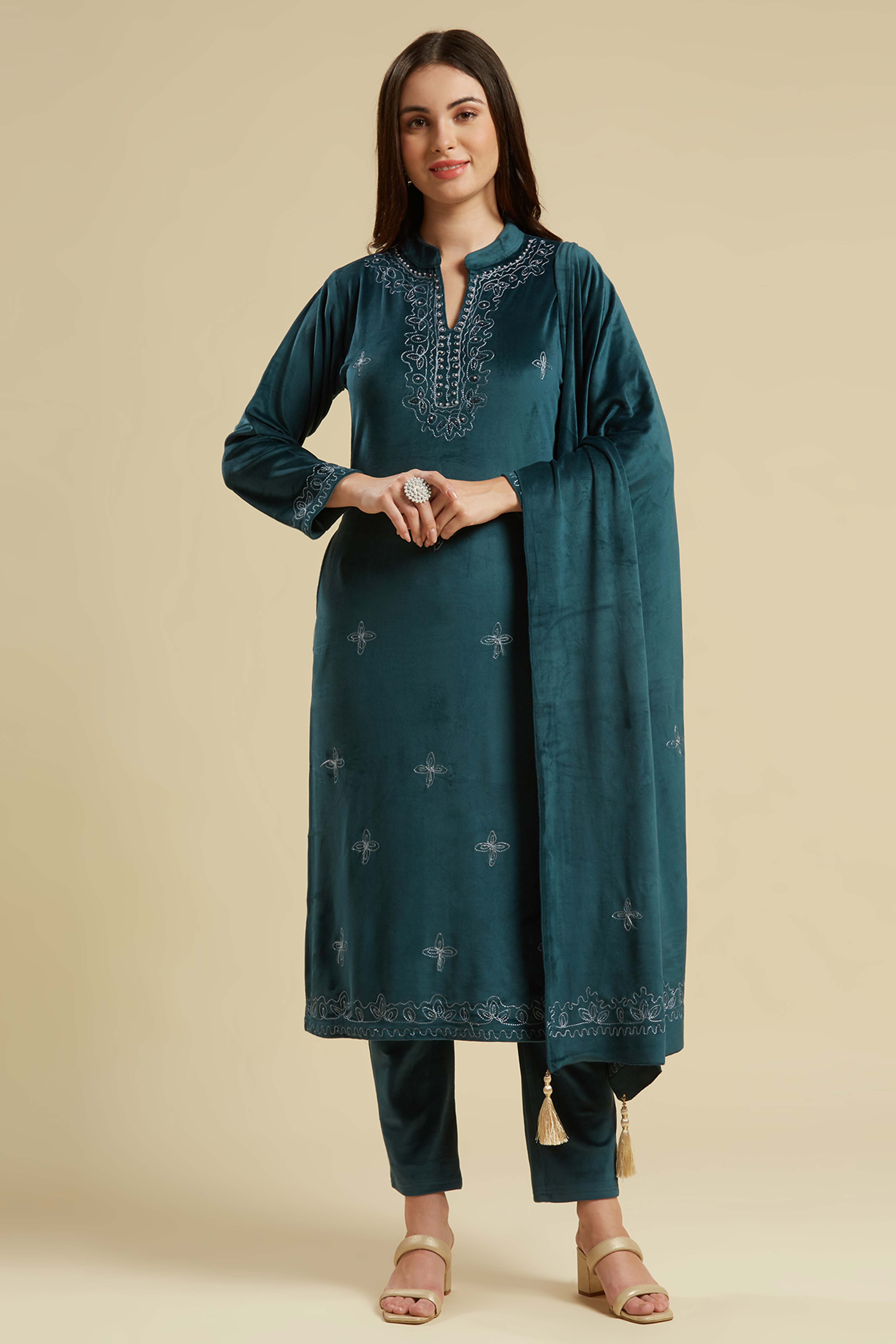 Rama Blue Embroidered Velvet Straight Salwar Suit