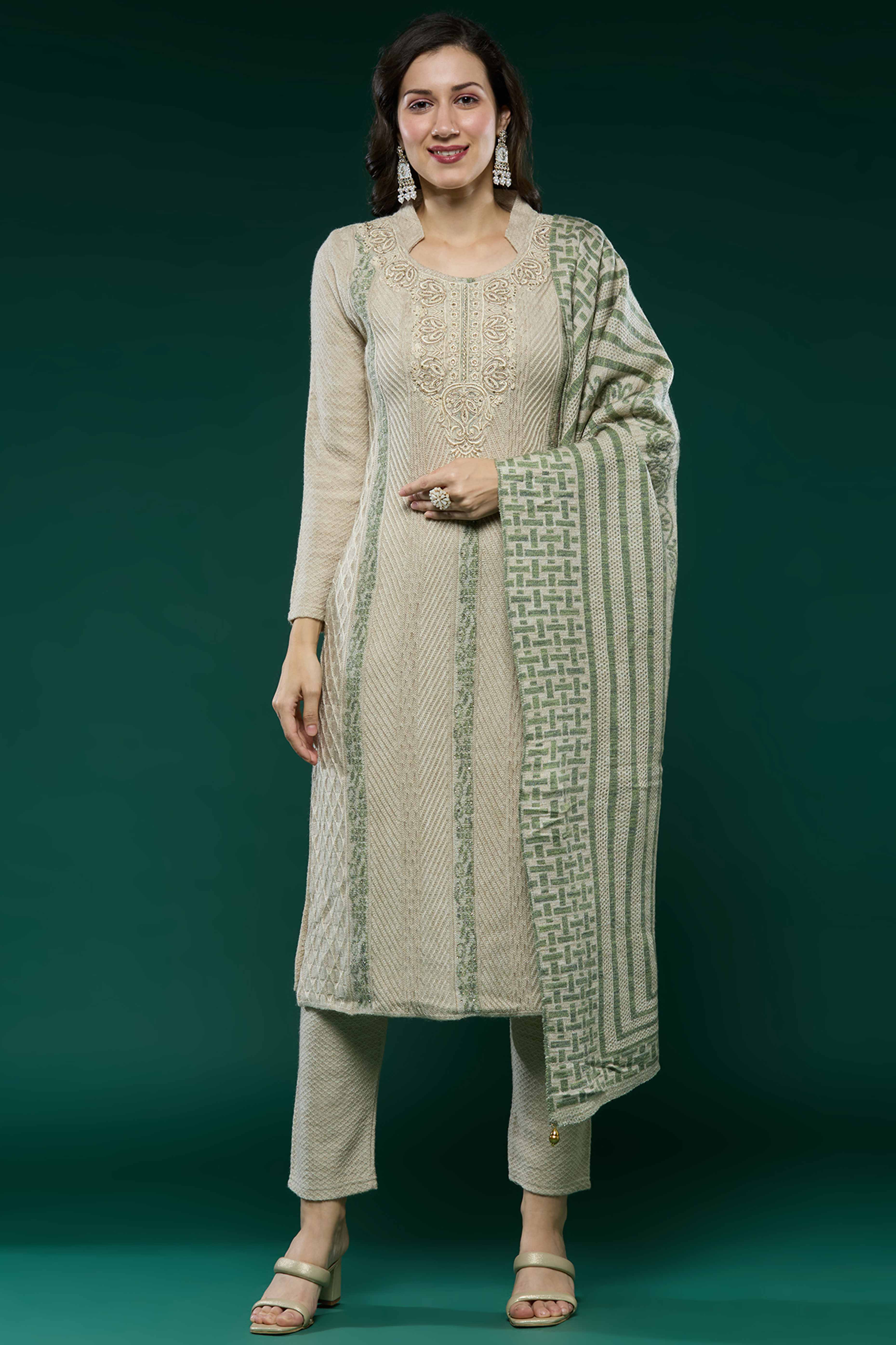 Beige Woven Woolen Straight Salwar Suit