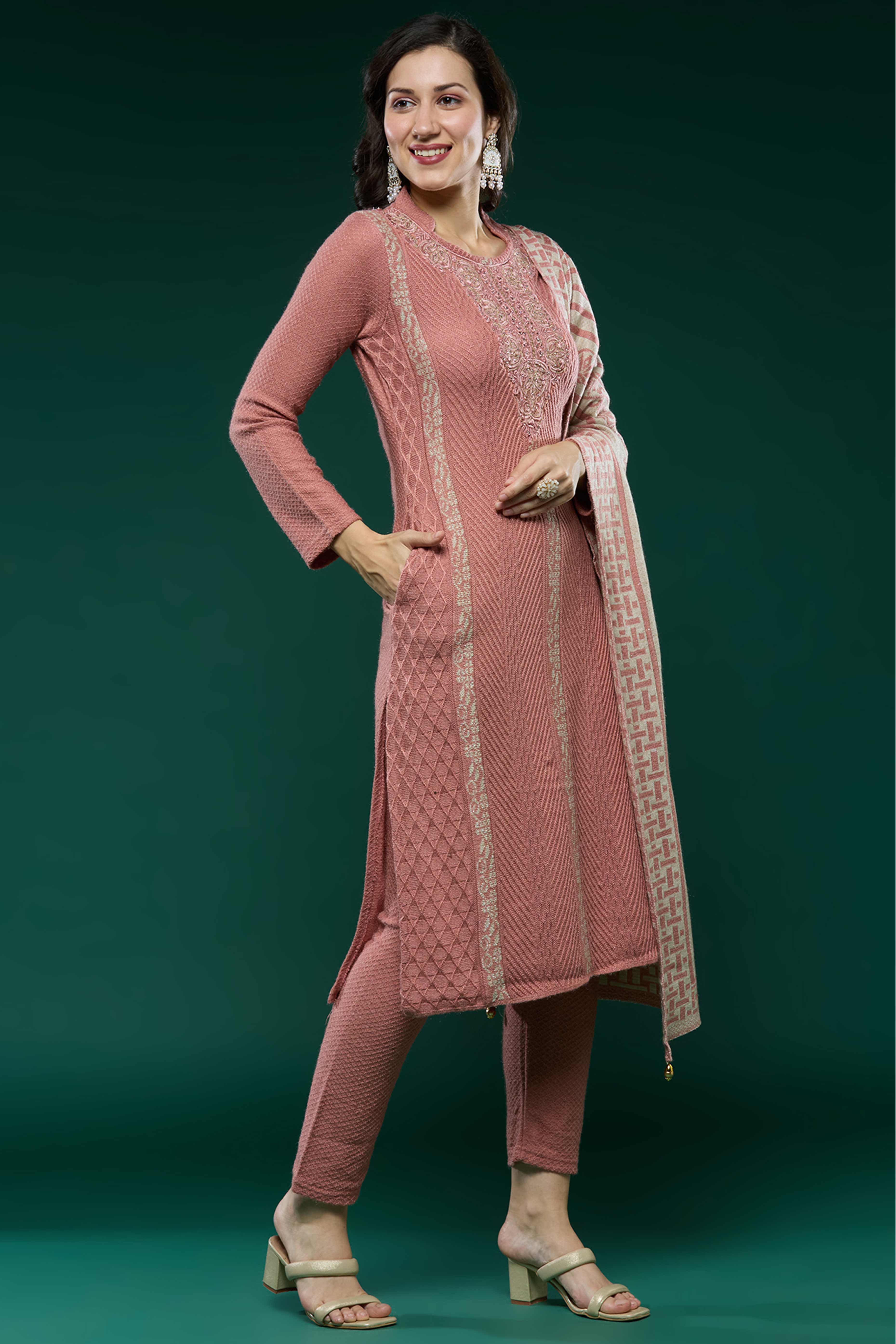 Peach Woven Woolen Straight Salwar Suit