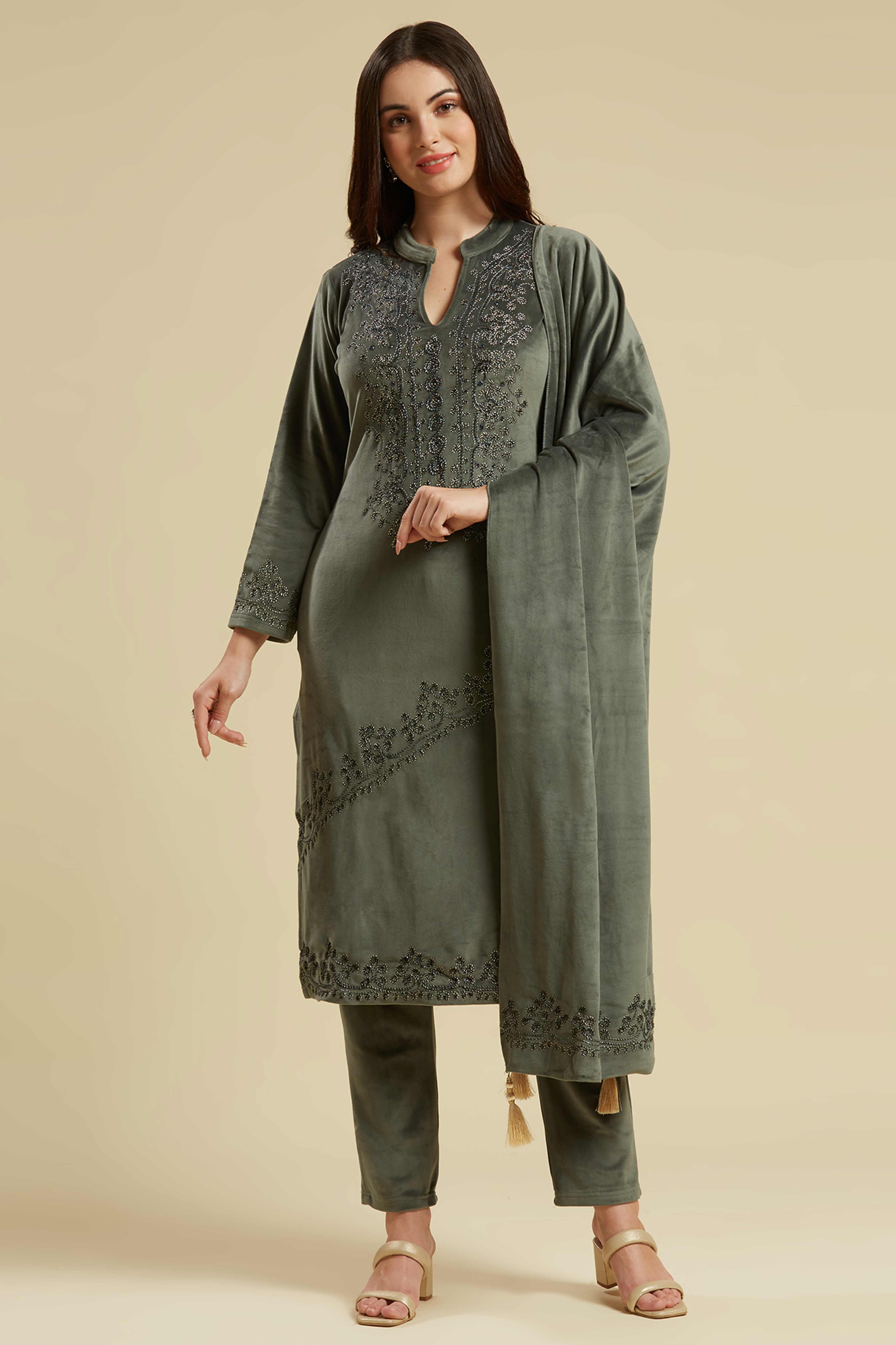 Grey Embroidered Velvet Straight Salwar Suit