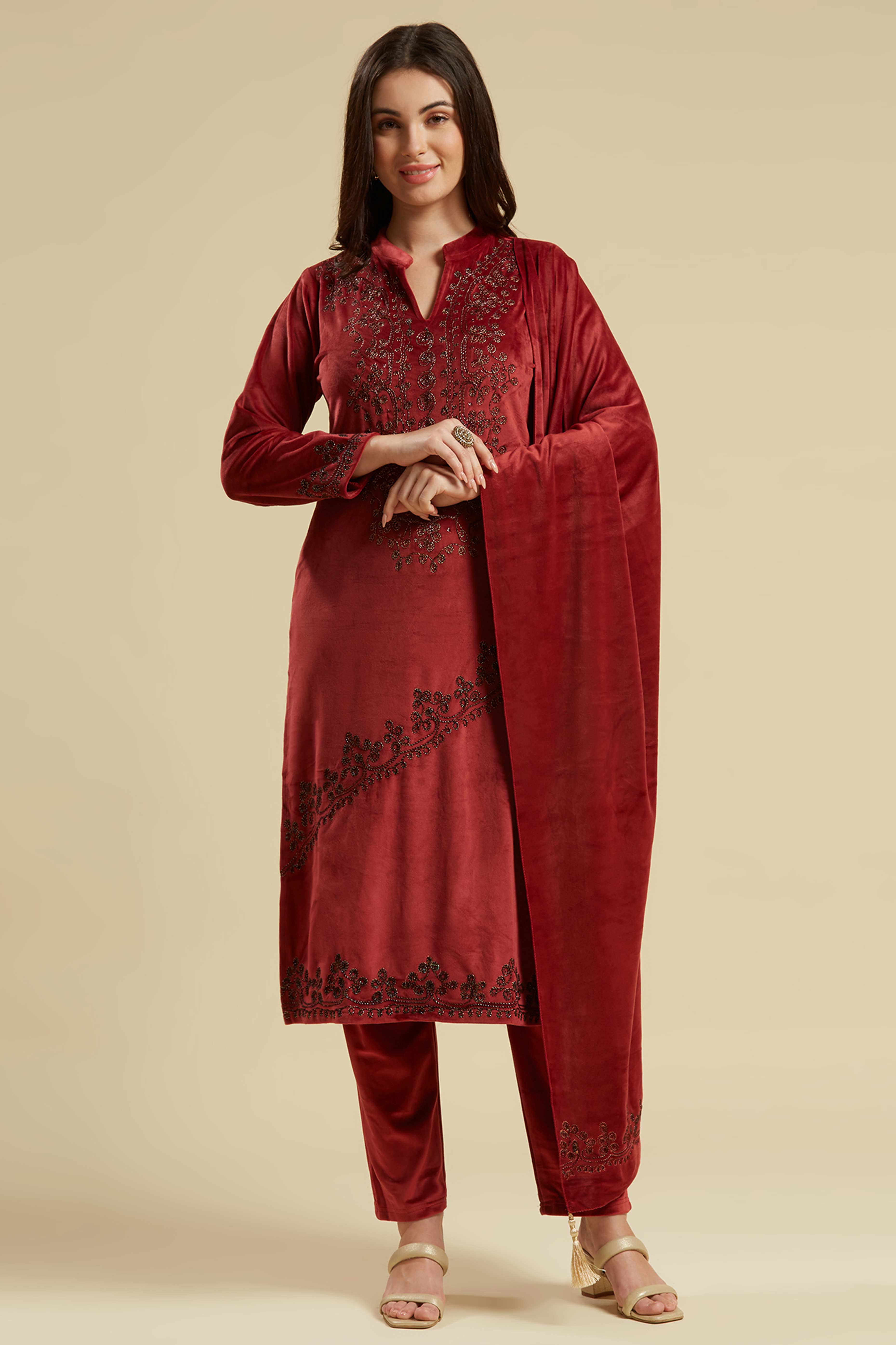 Wine Embroidered Velvet Straight Salwar Suit