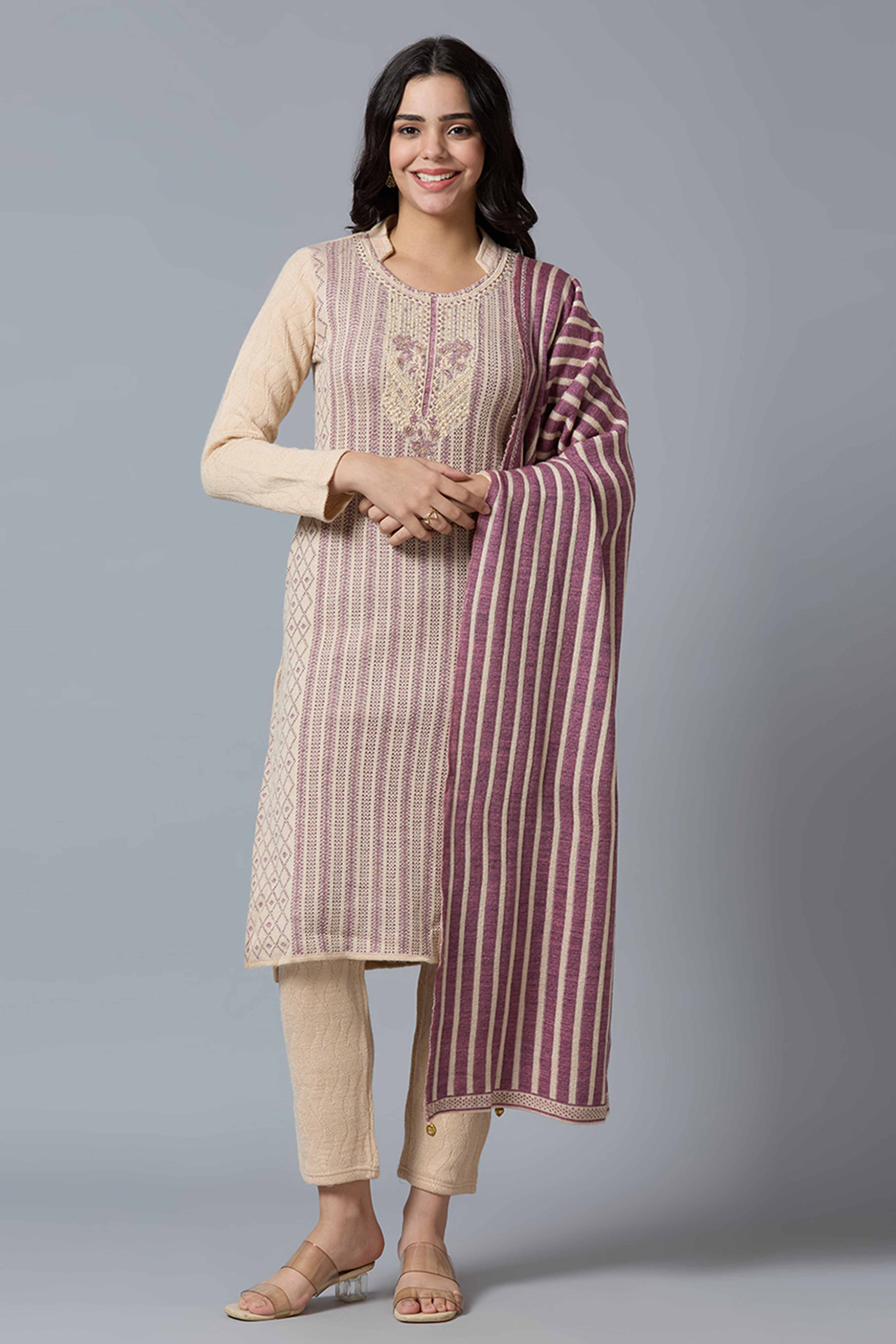 Beige Woven Woolen Straight Salwar Suit