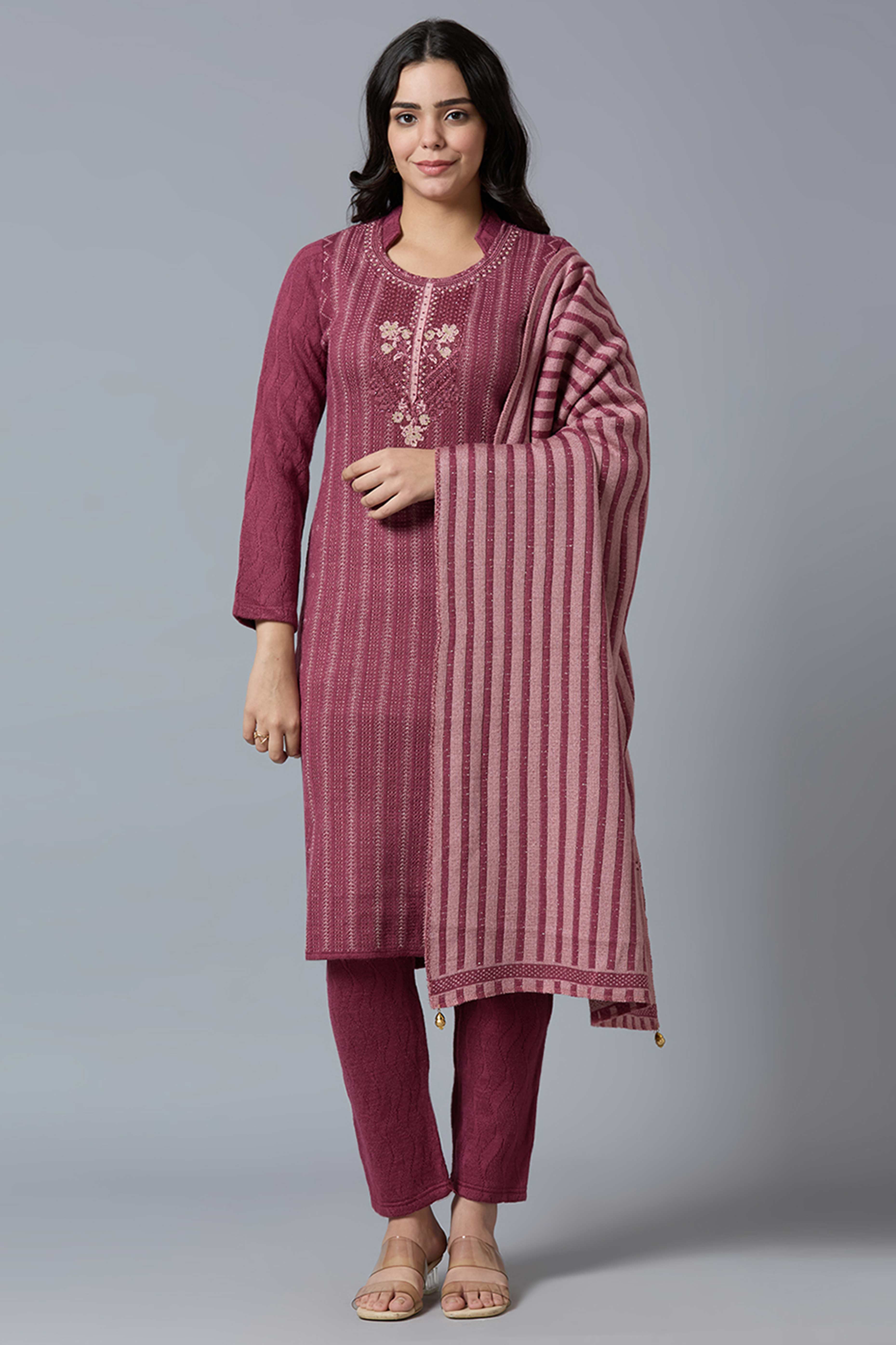 Maroon Woven Woolen Straight Salwar Suit