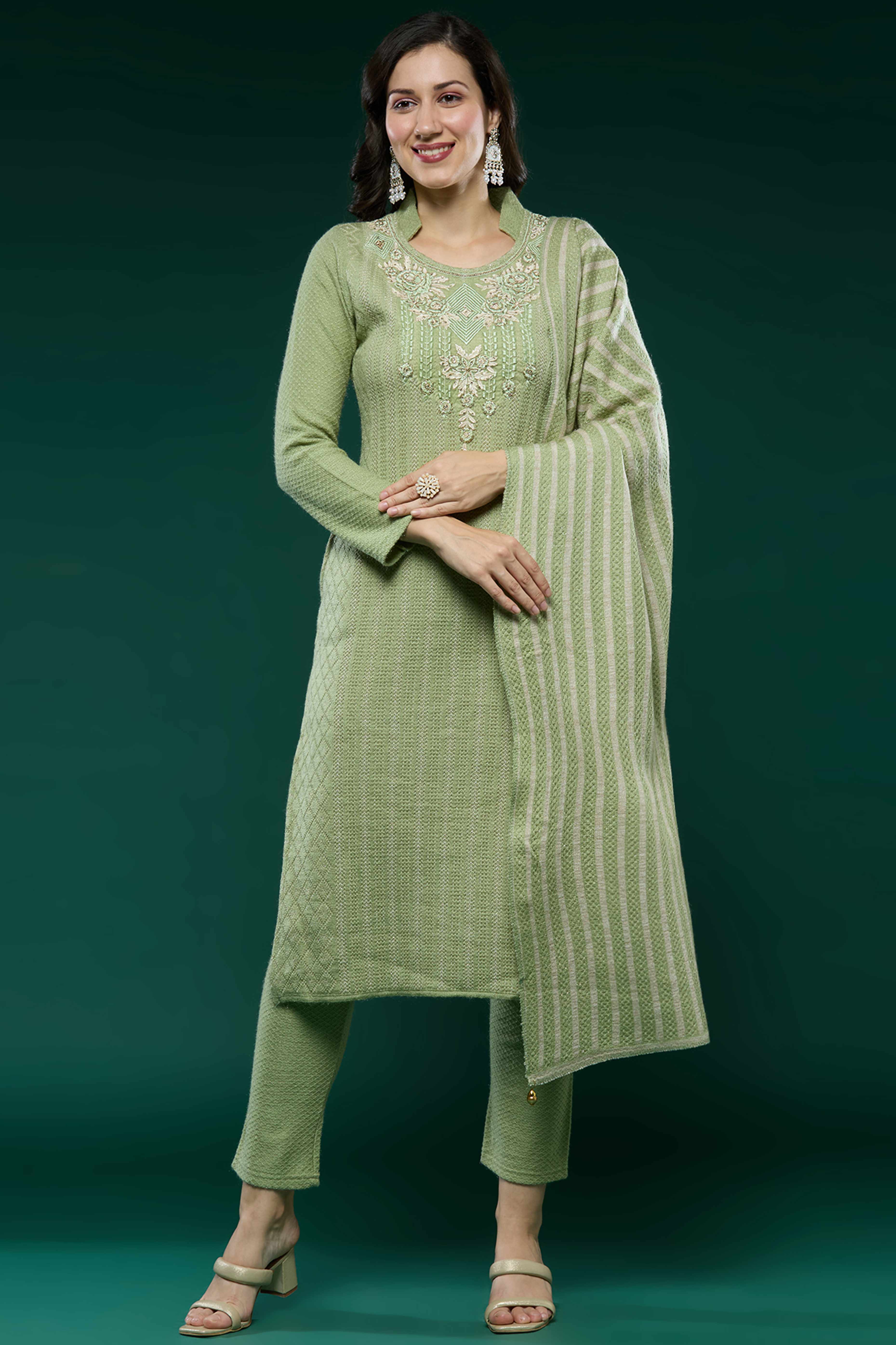 Green Woven Woolen Straight Salwar Suit