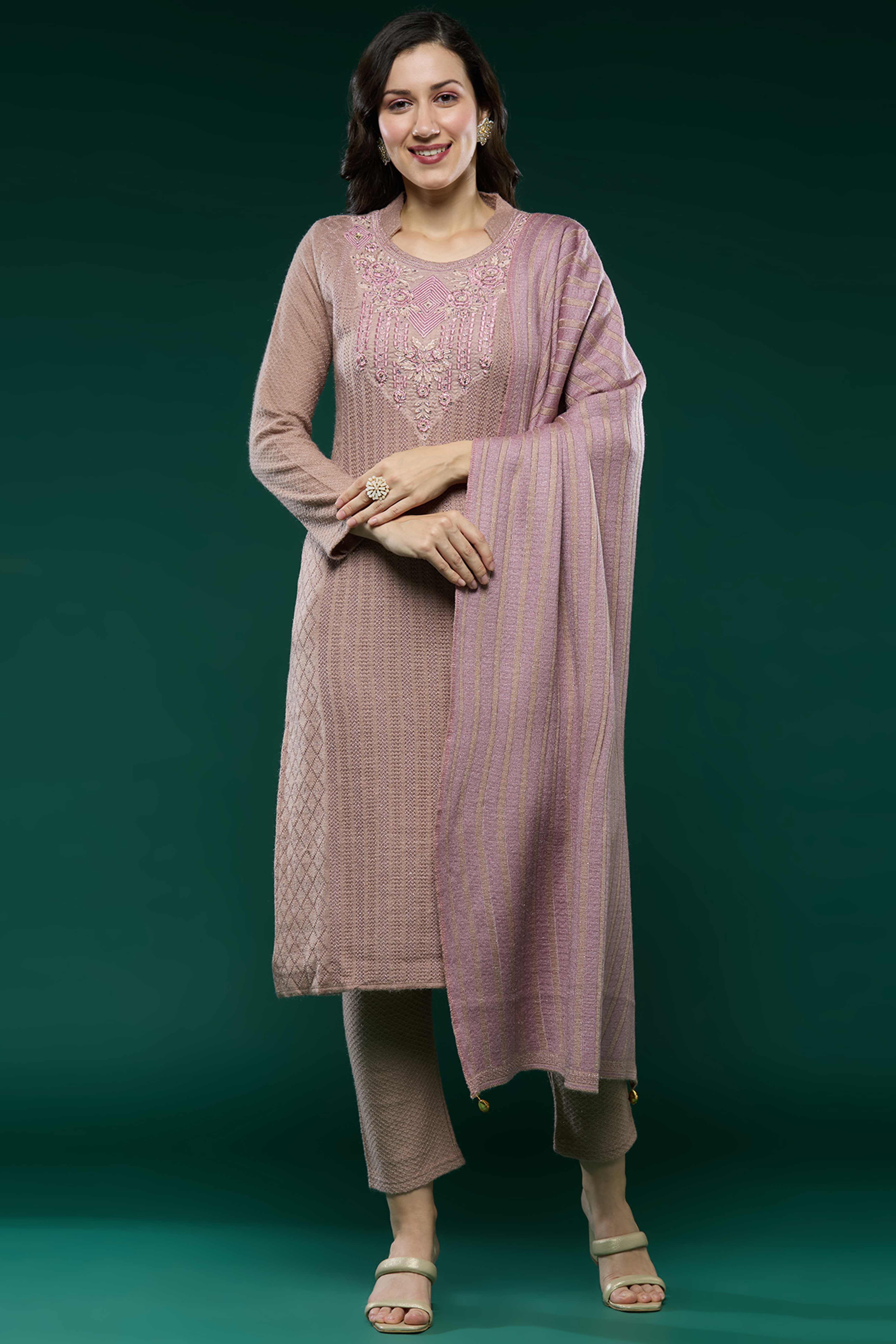 Peach Woven Woolen Straight Salwar Suit