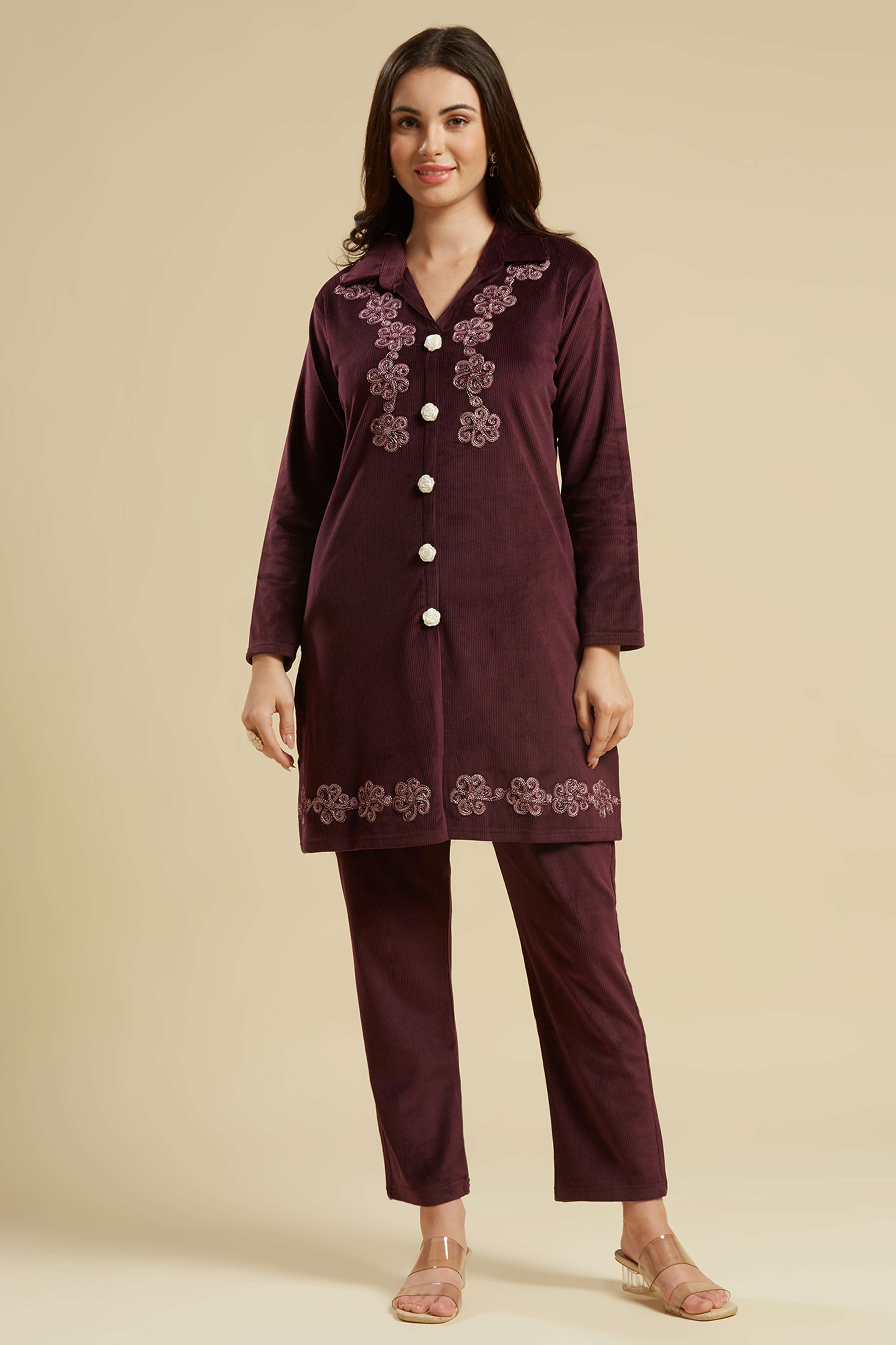 Wine Embroidered Velvet A-Line Top Bottom Set