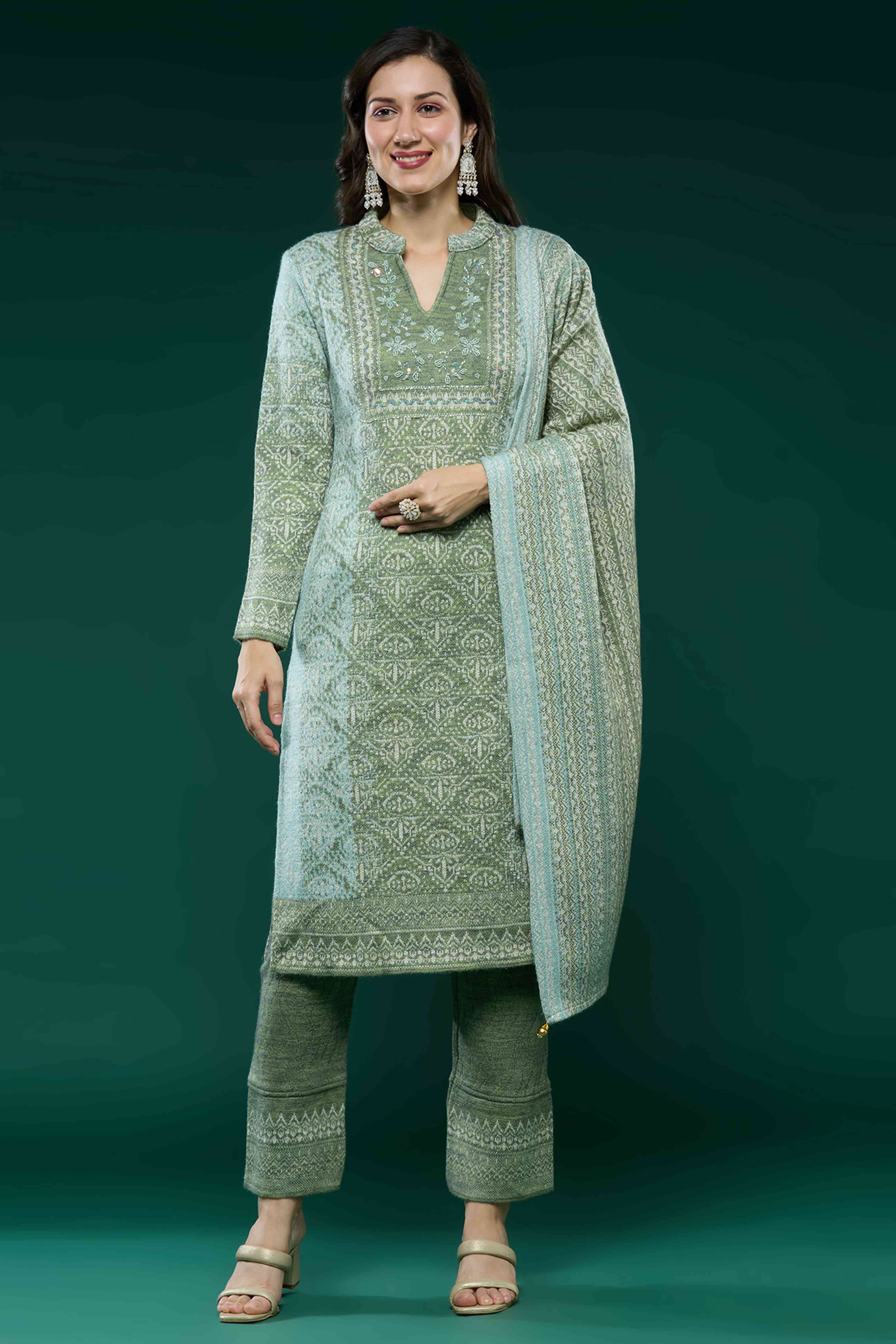 Green Woven Woolen Straight Salwar Suit