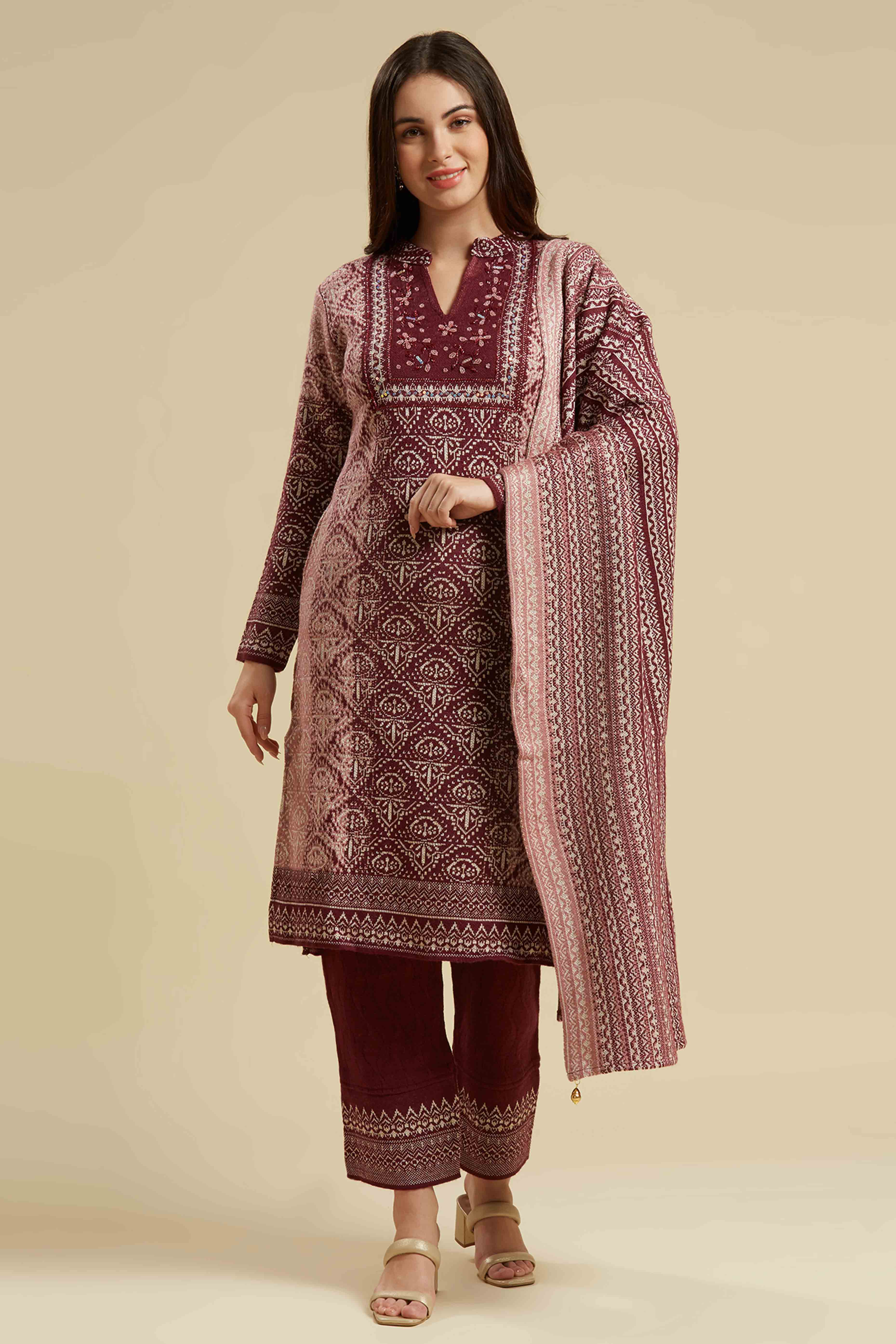 Wine Embroidered Woolen Straight Salwar Suit