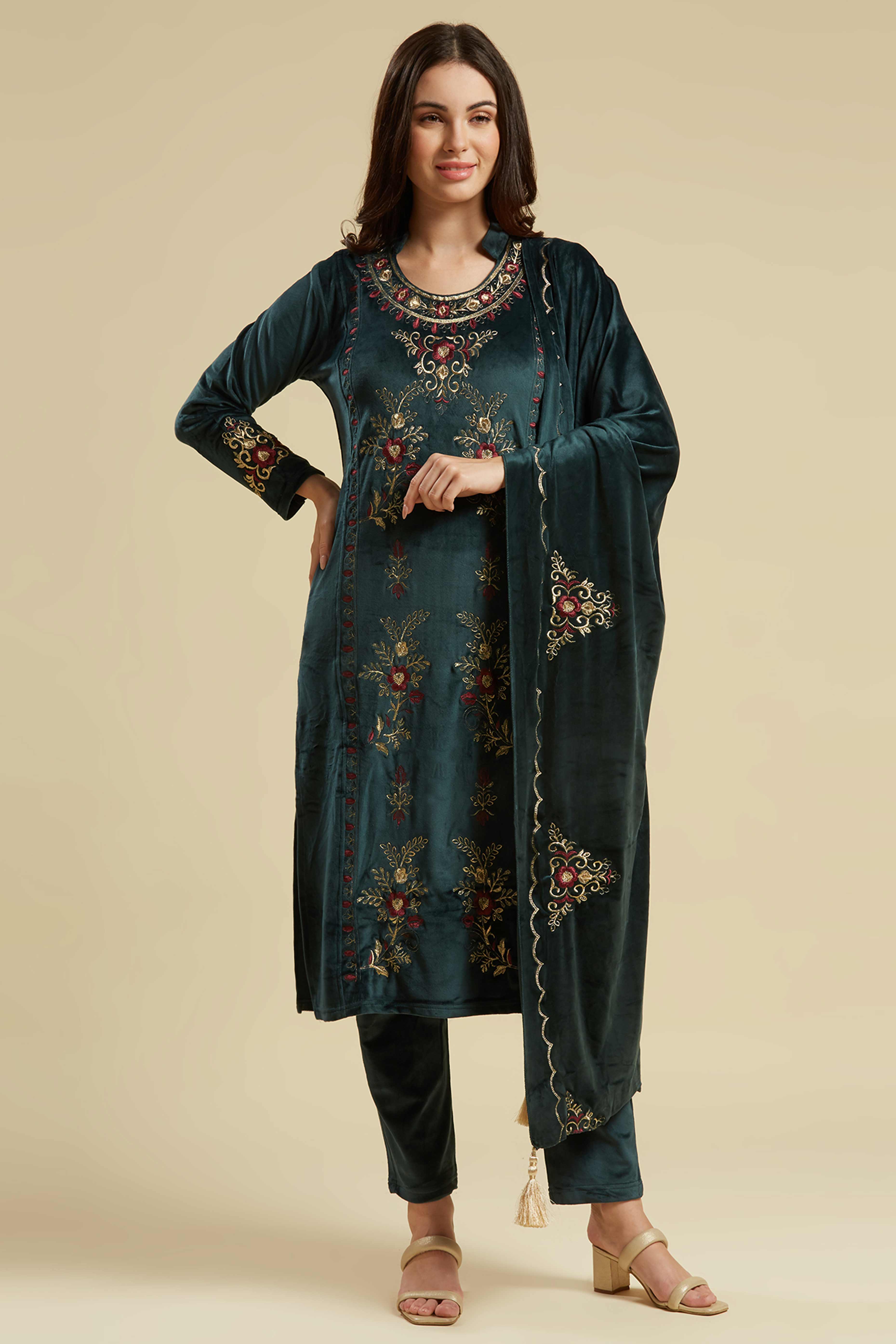 Rama Green Embroidered Velvet Straight Salwar Suit