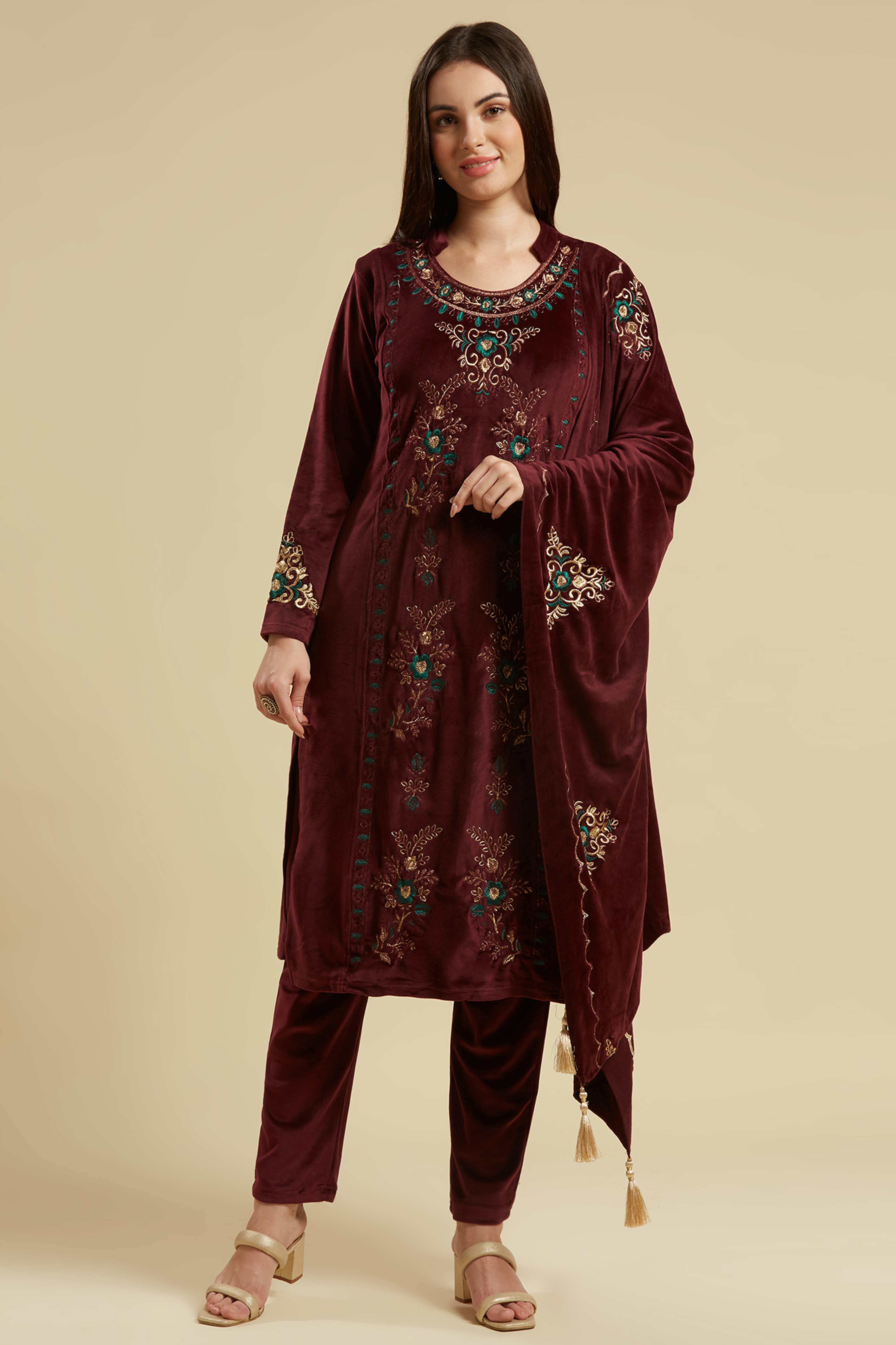 Wine Embroidered Velvet Straight Salwar Suit