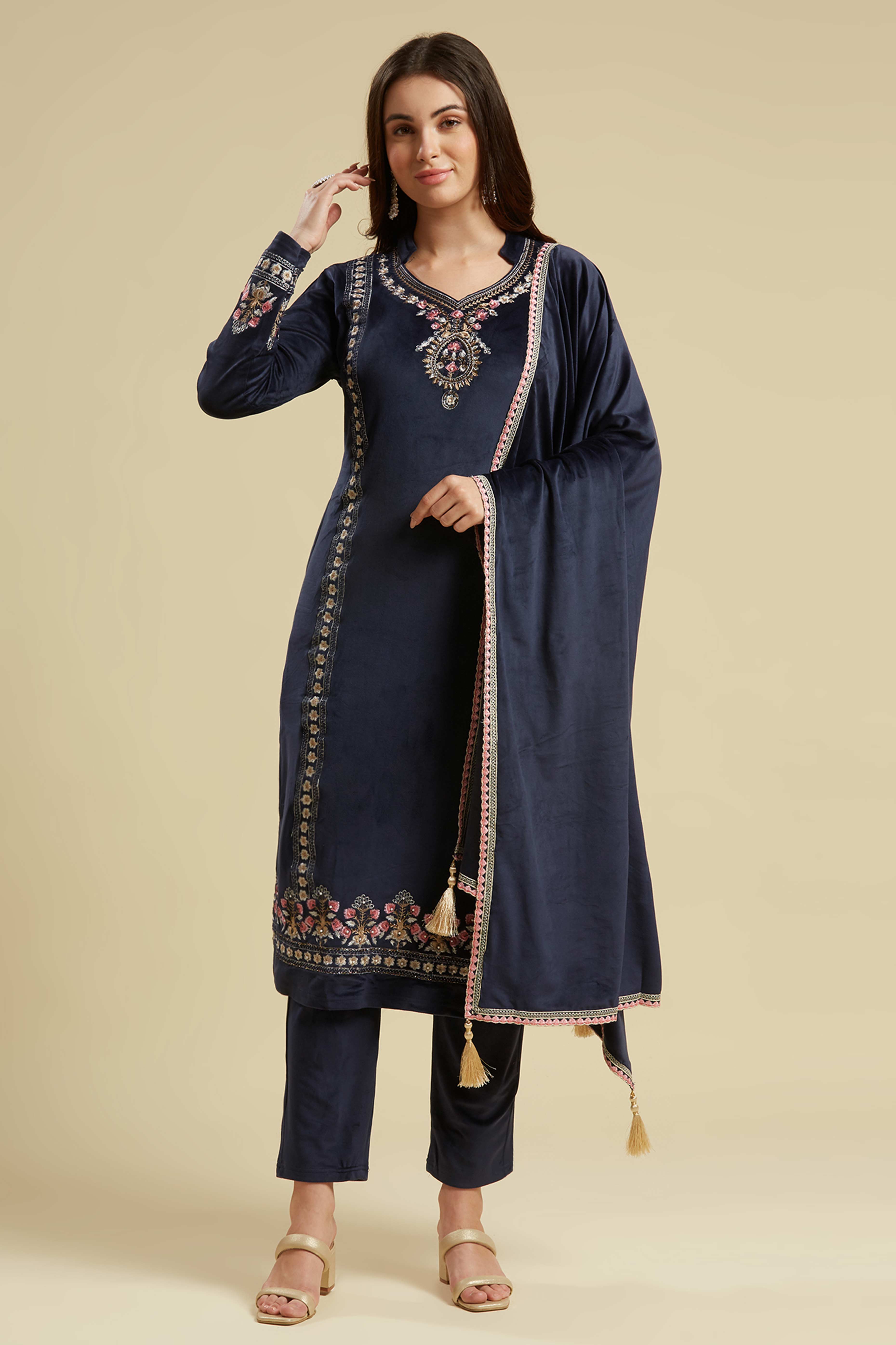 Navy Blue Embroidered Velvet Straight Salwar Suit