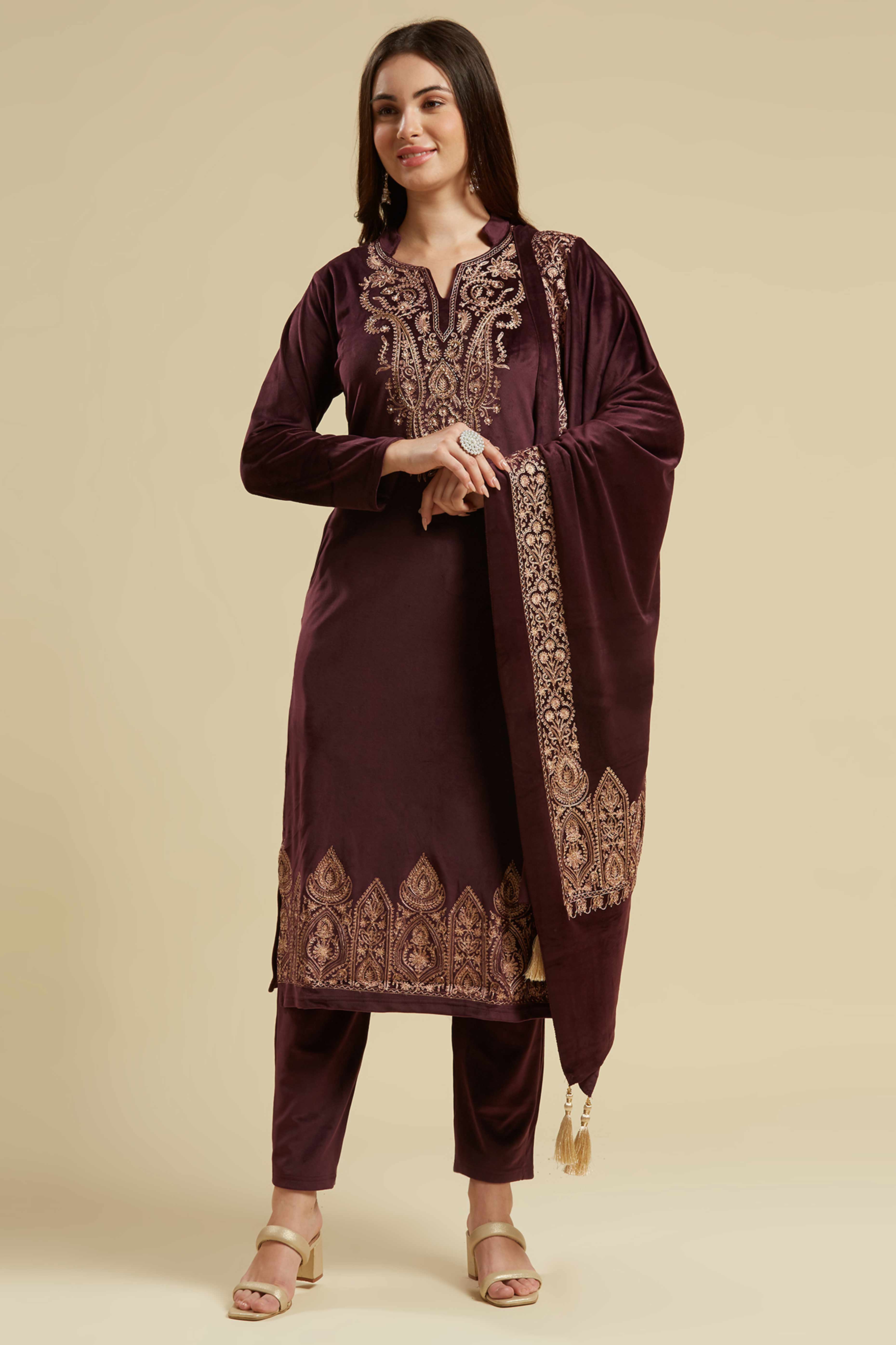Wine Embroidered Velvet Straight Salwar Suit