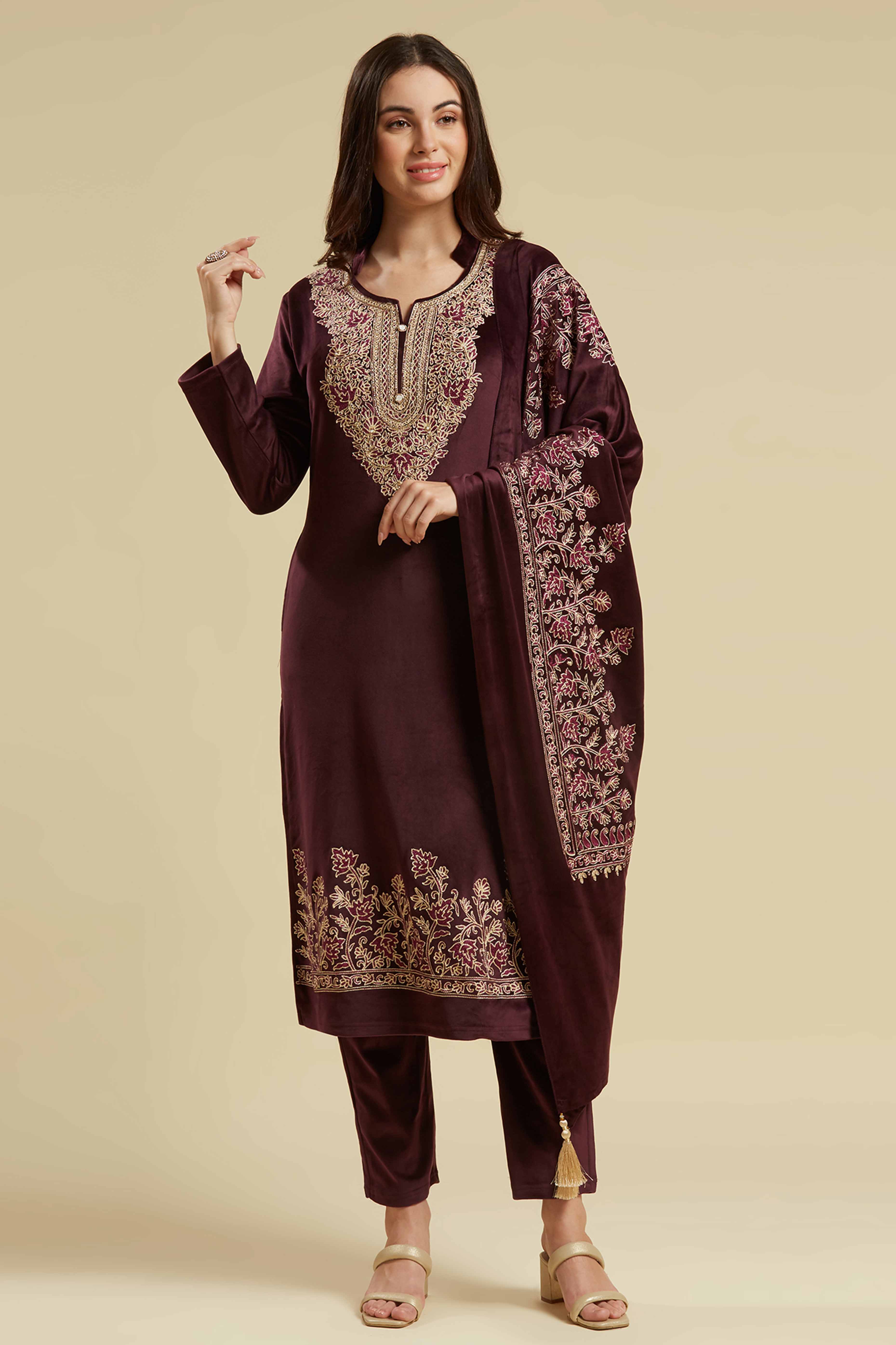 Wine Embroidered Velvet Straight Salwar Suit
