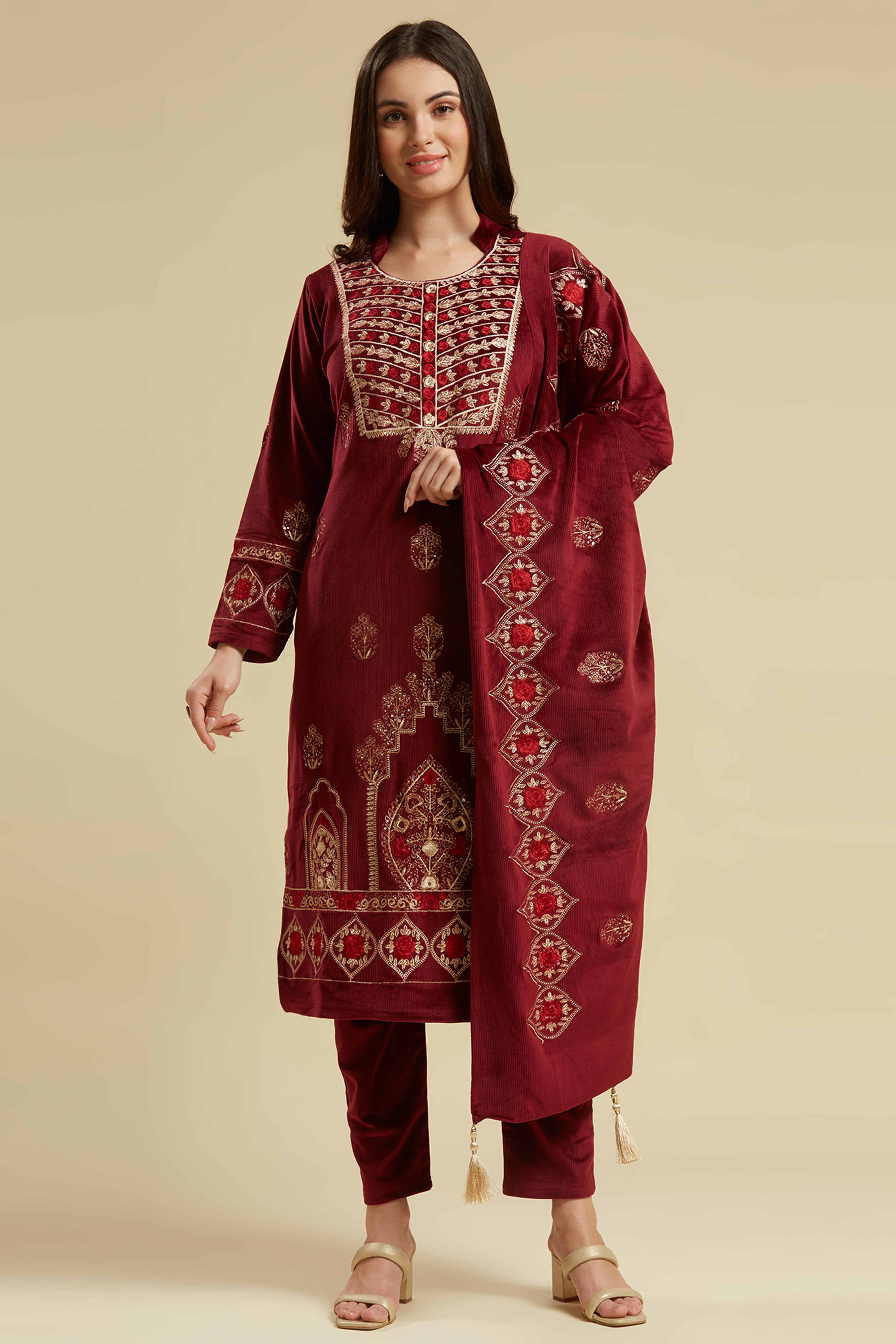 Maroon Embroidered Velvet Straight Salwar Suit