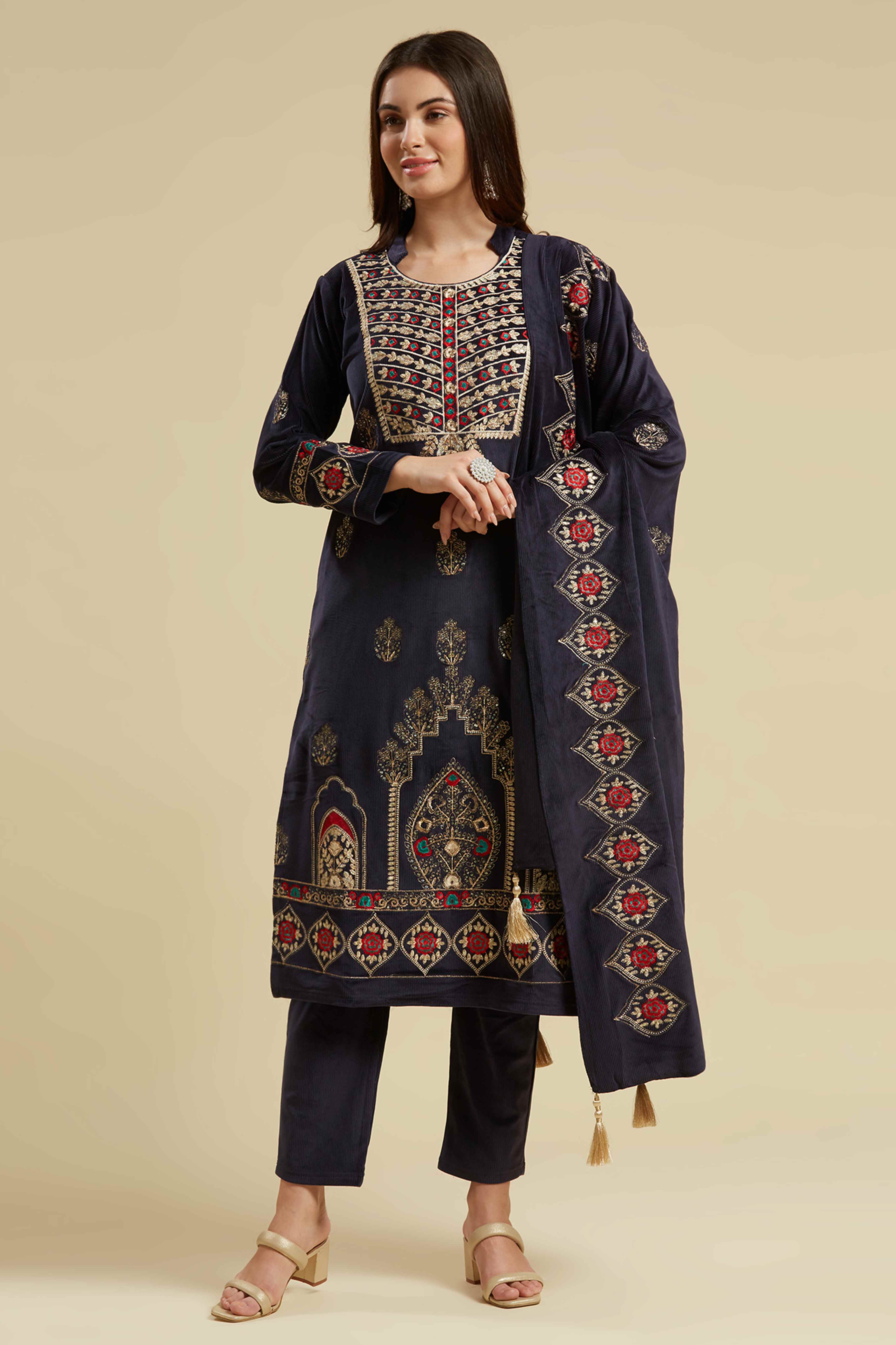 Navy Blue Embroidered Velvet Straight Salwar Suit