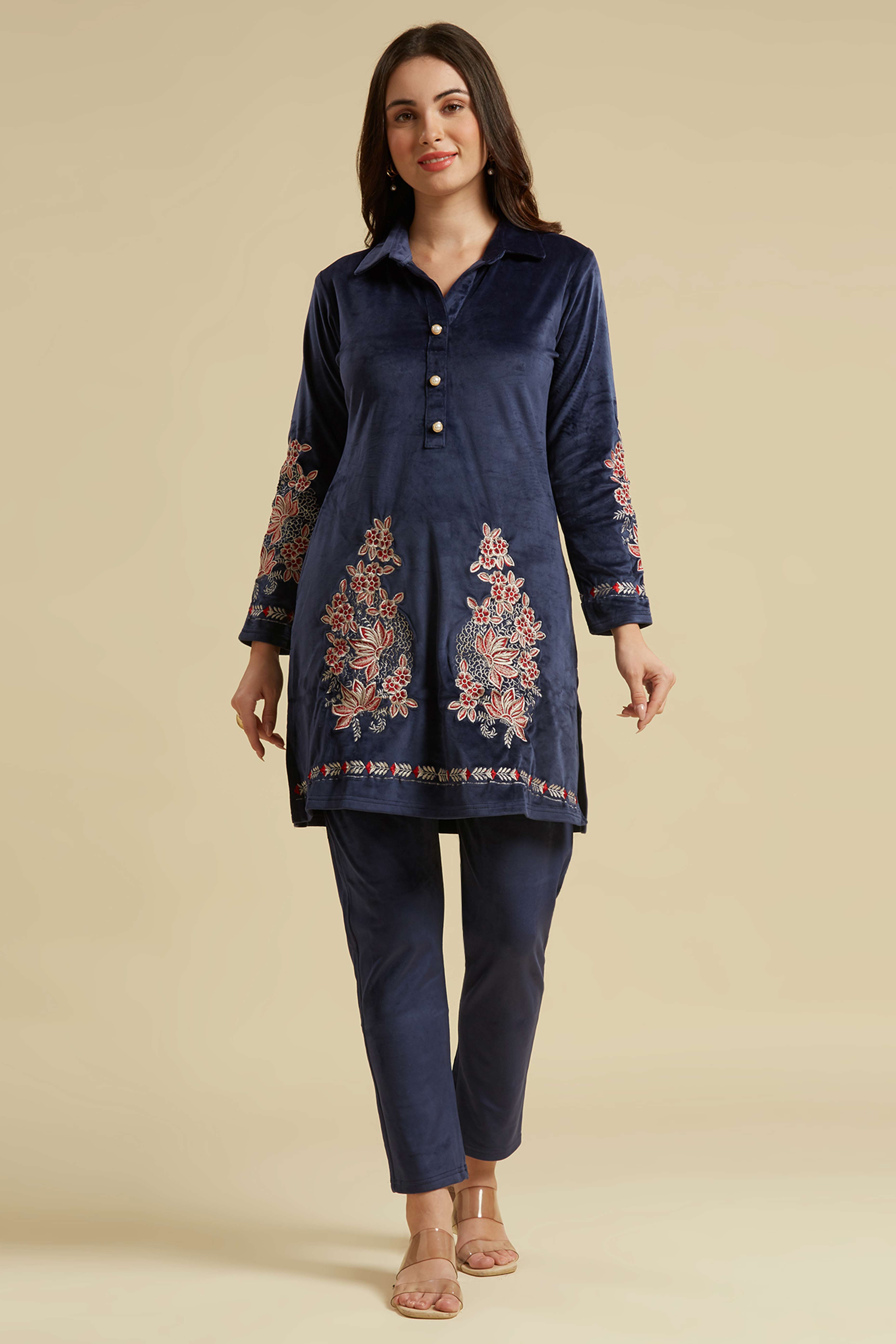 Navy Blue Embroidered Velvet Straight Top Bottom Set