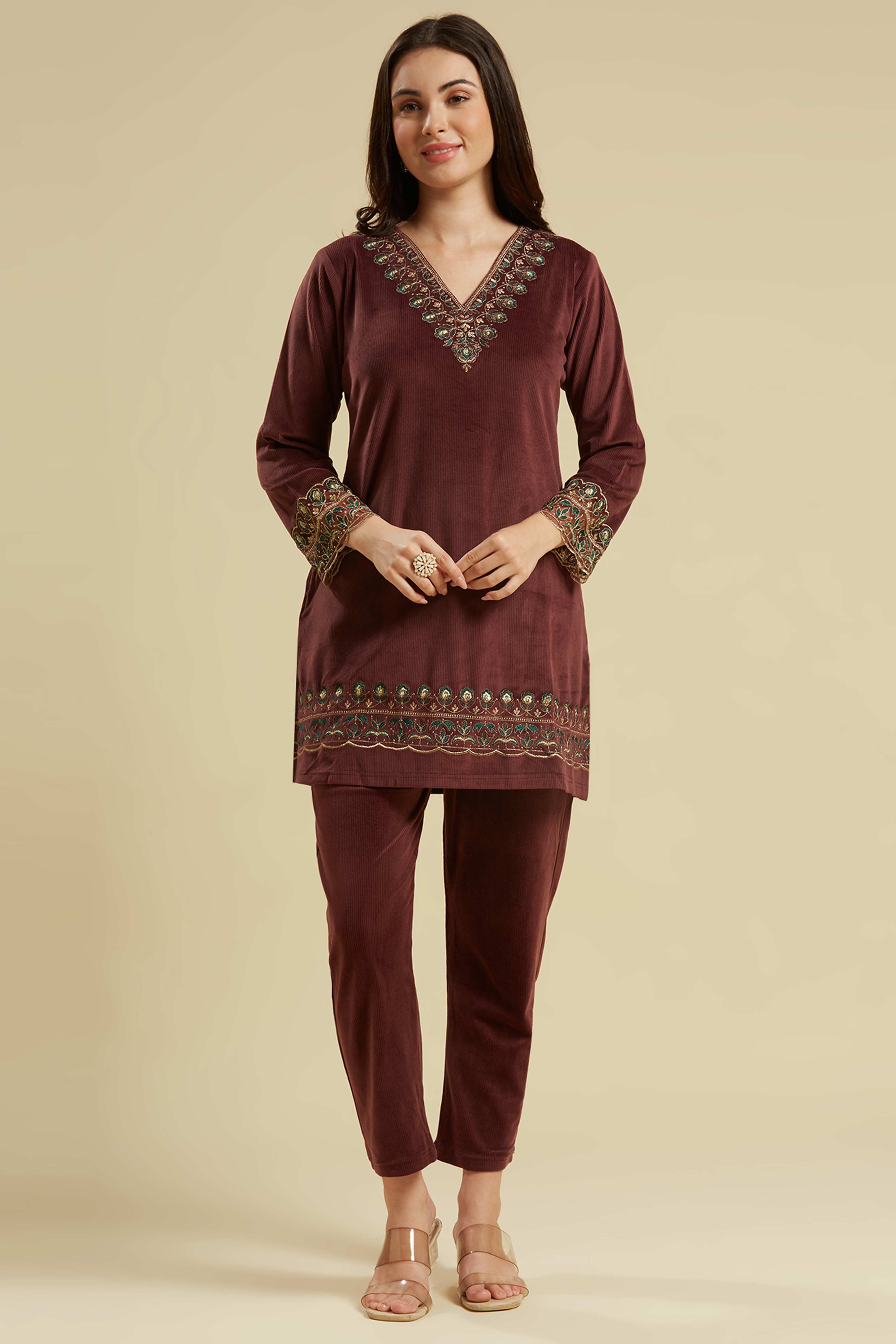 Brown Embroidered Velvet A-Line Top Bottom Set