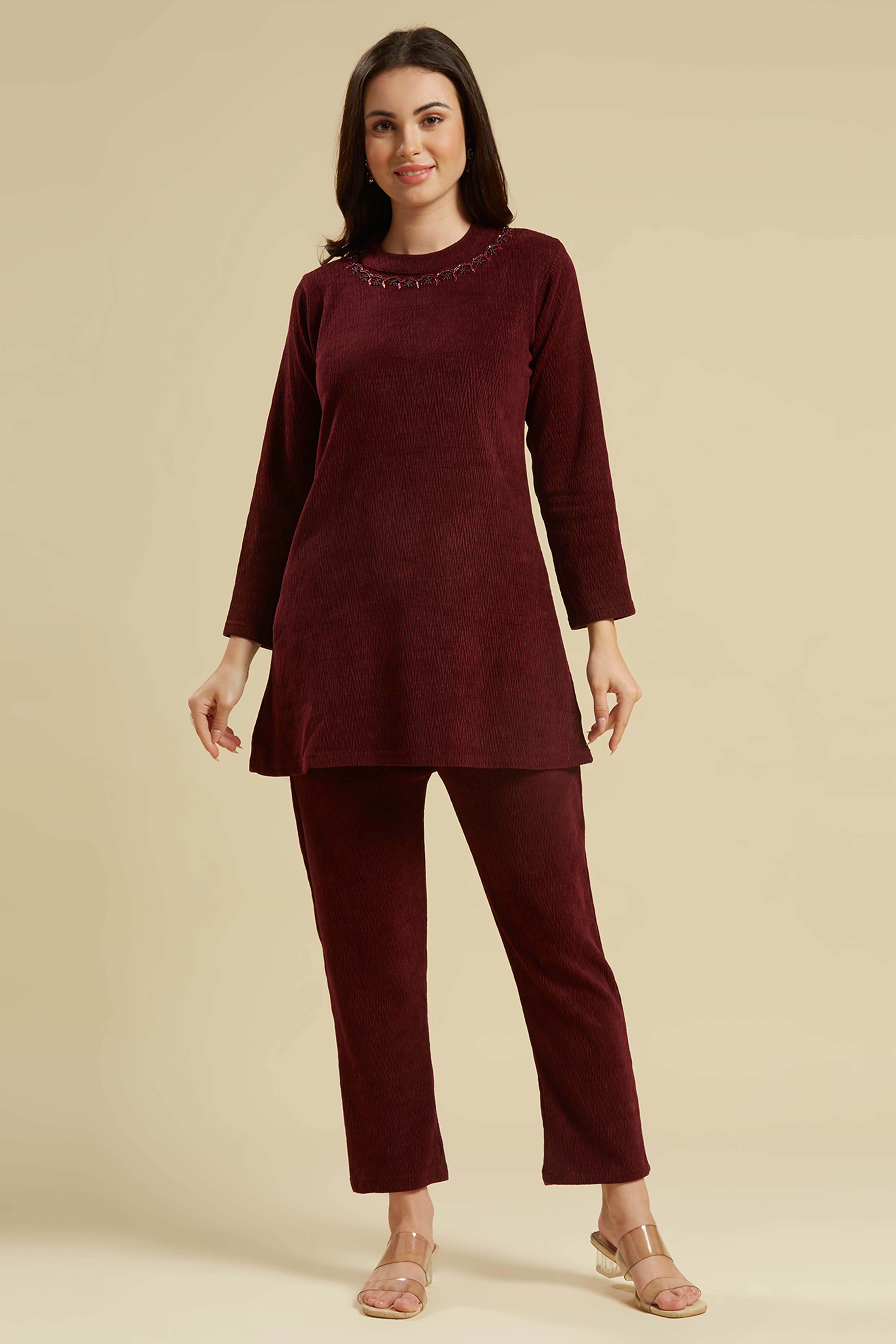 Maroon Woven Woolen A-Line Top Bottom Set