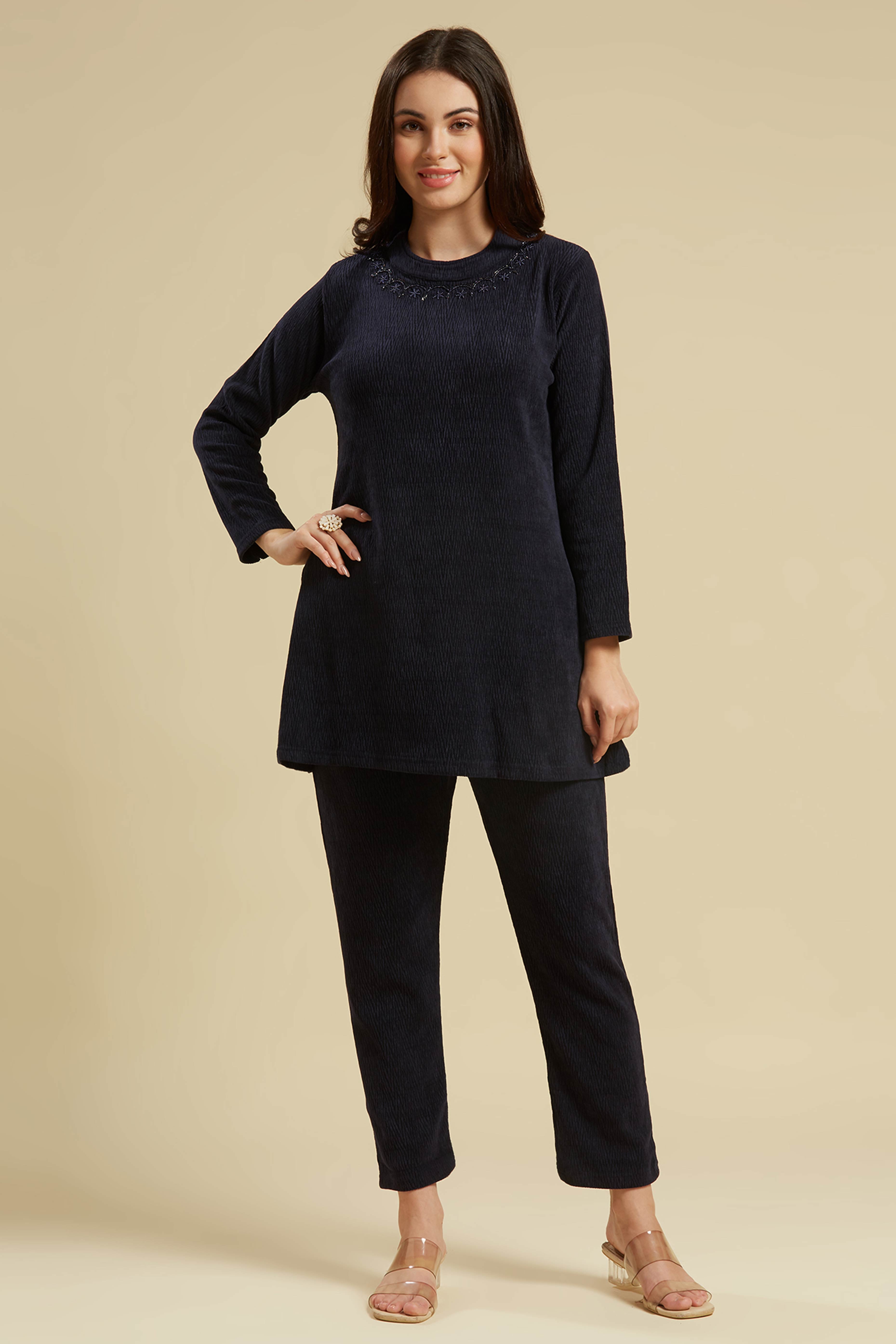 Navy Blue Woven Woolen A-Line Top Bottom Set
