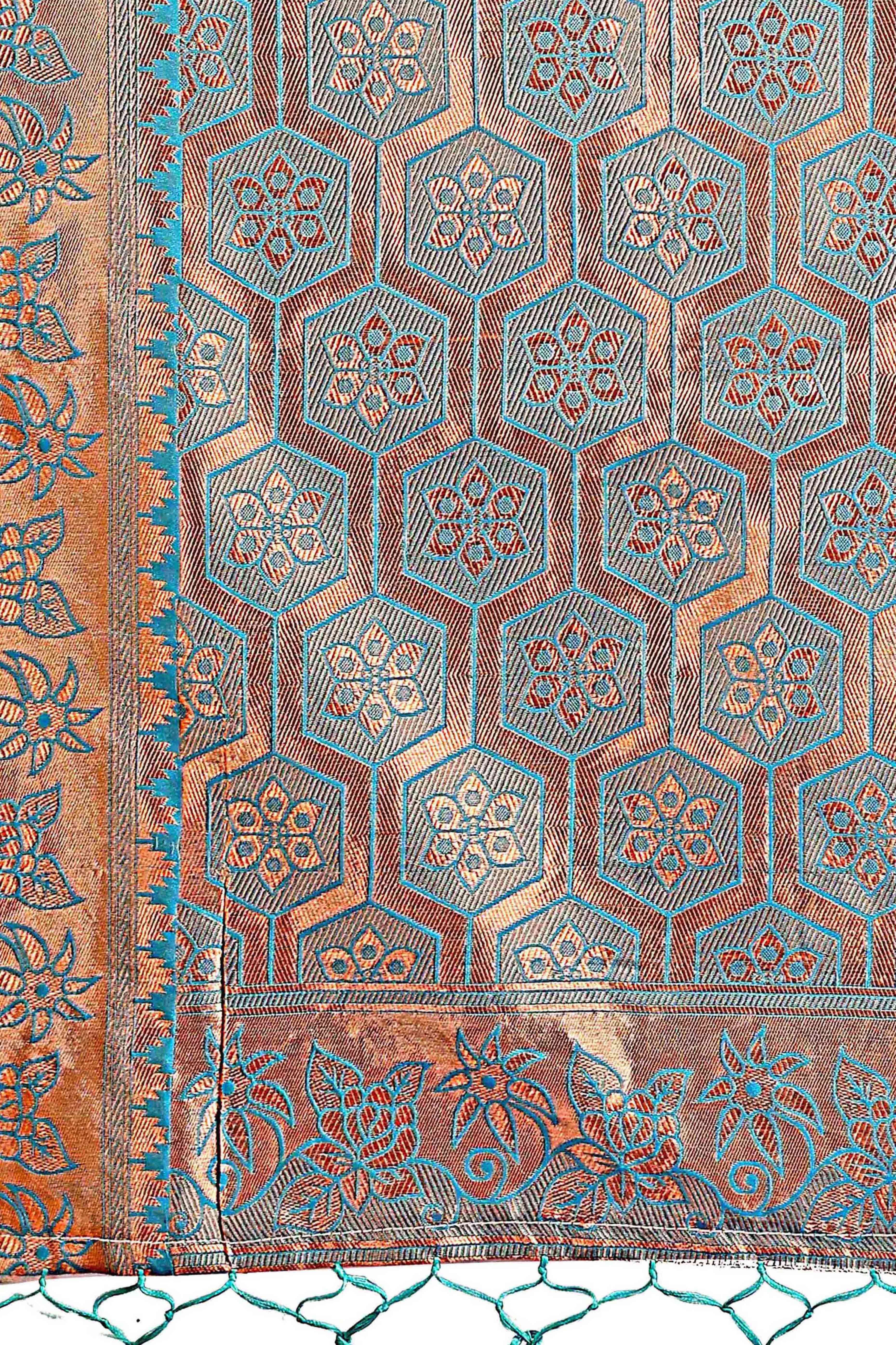 Peach Saree with Floral Zari Weaving on a Linen Cotton Base