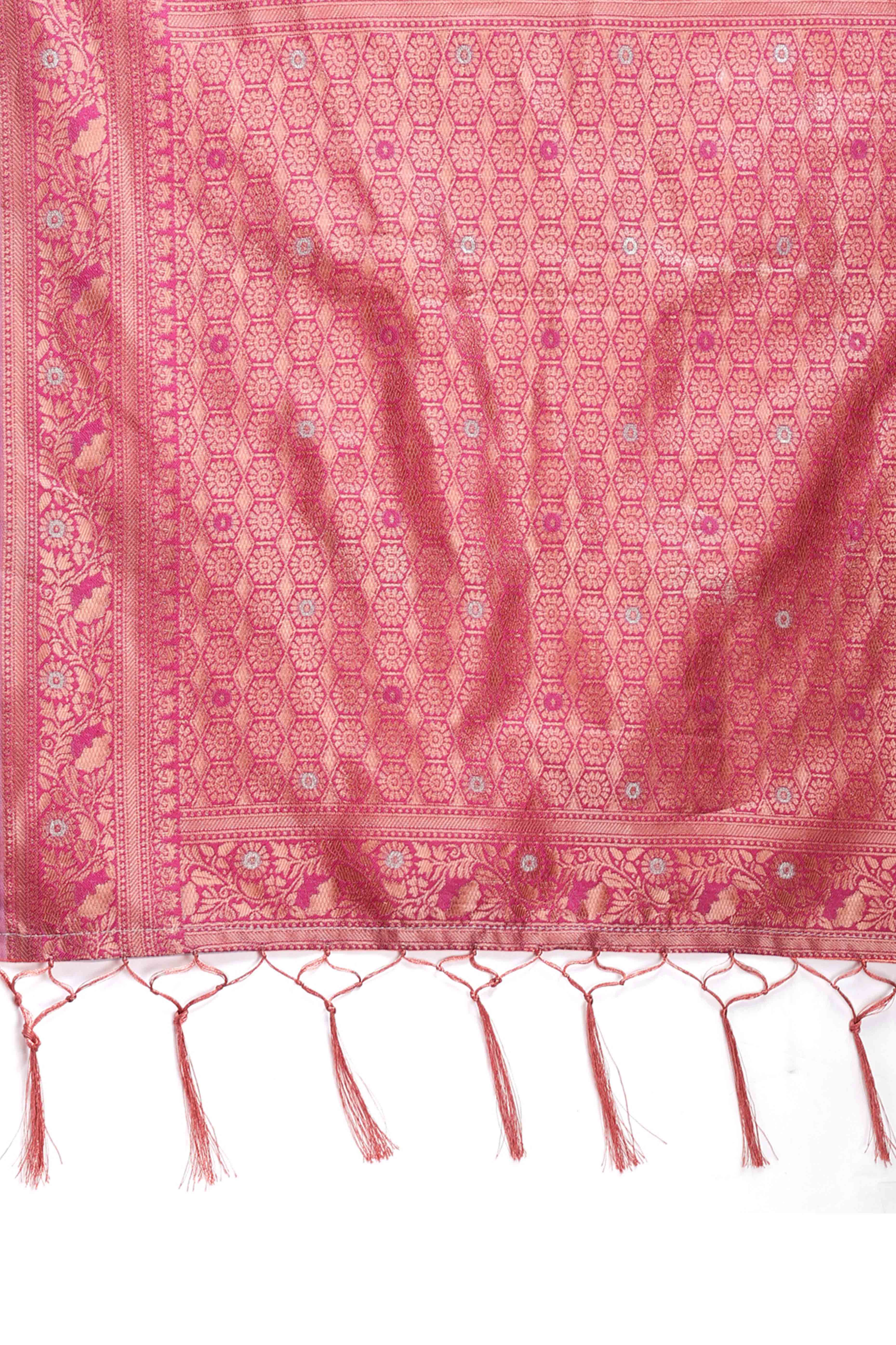 Romantic Pink Floral Zari Weaving Cotton Blend Saree with Lovely Tassel Accents