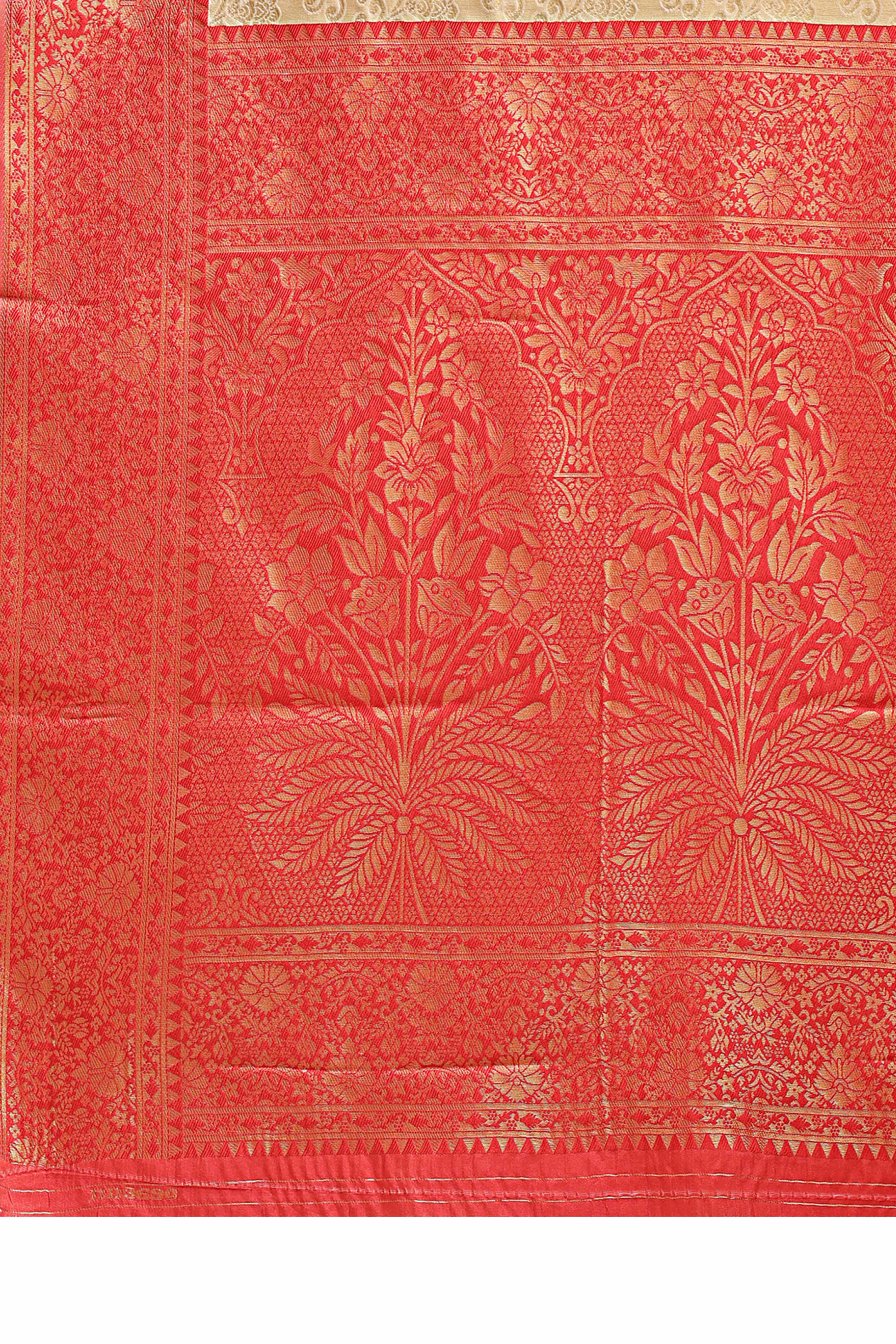 Cream Banarasi Silk Saree Featuring Red Floral Zari Weaving and a Rich Contrast Border