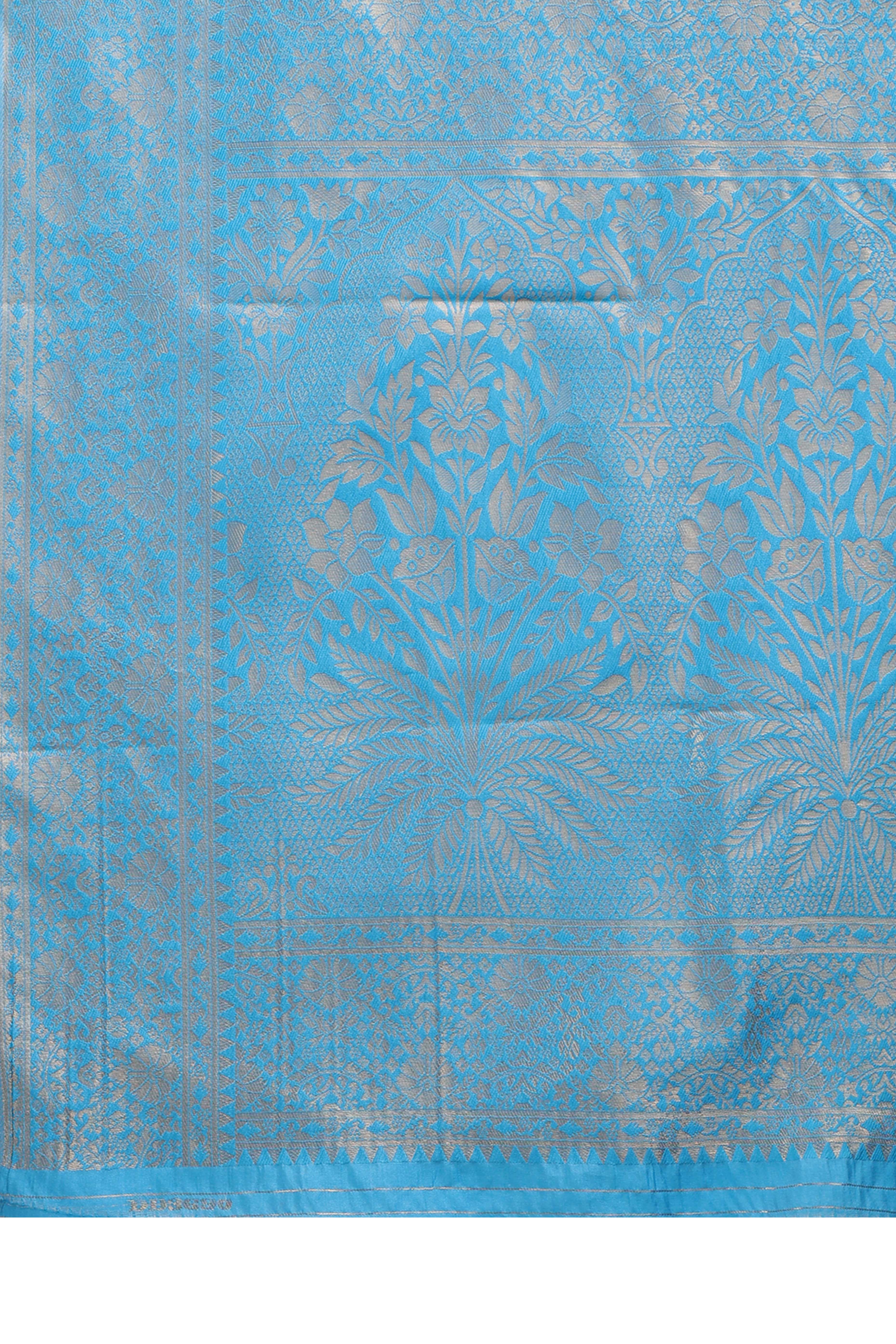 Cream Banarasi Silk Saree Featuring Sky Blue Floral Zari Weaving and a Rich Contrast Border