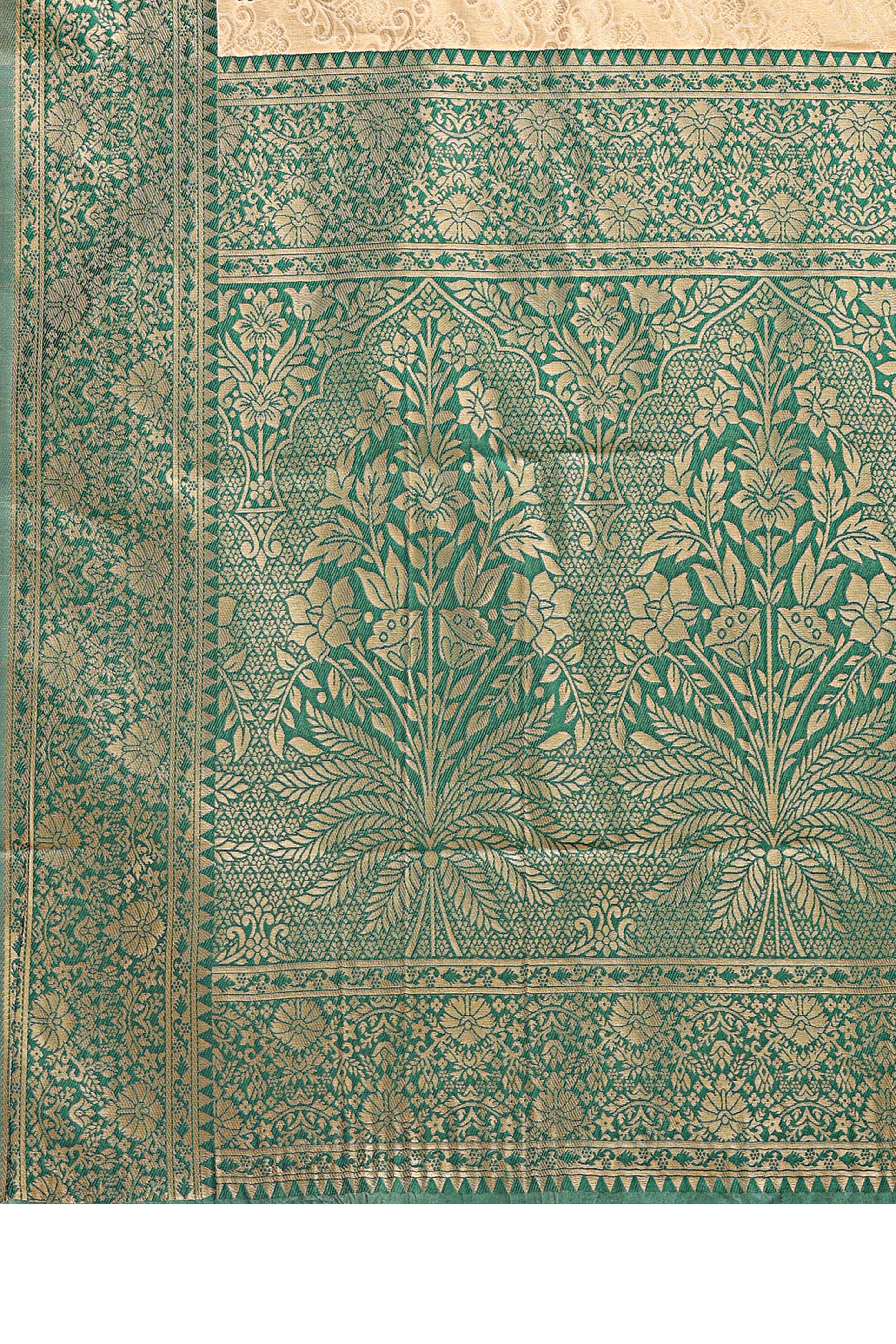 Cream Banarasi Silk Saree Featuring Green Floral Zari Weaving and a Rich Contrast Border