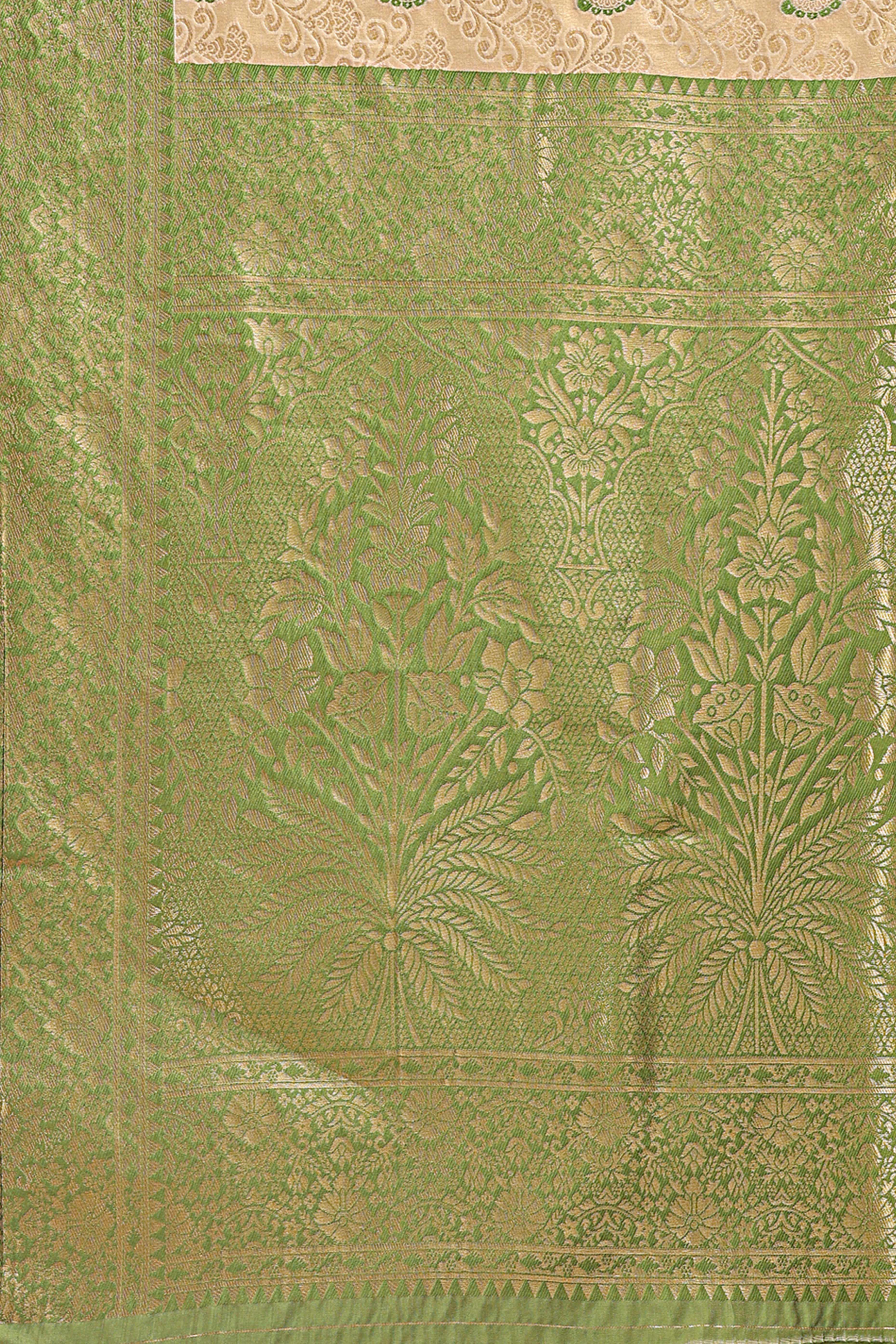 Cream Banarasi Silk Saree Featuring Light Green Floral Zari Weaving and a Rich Contrast Border