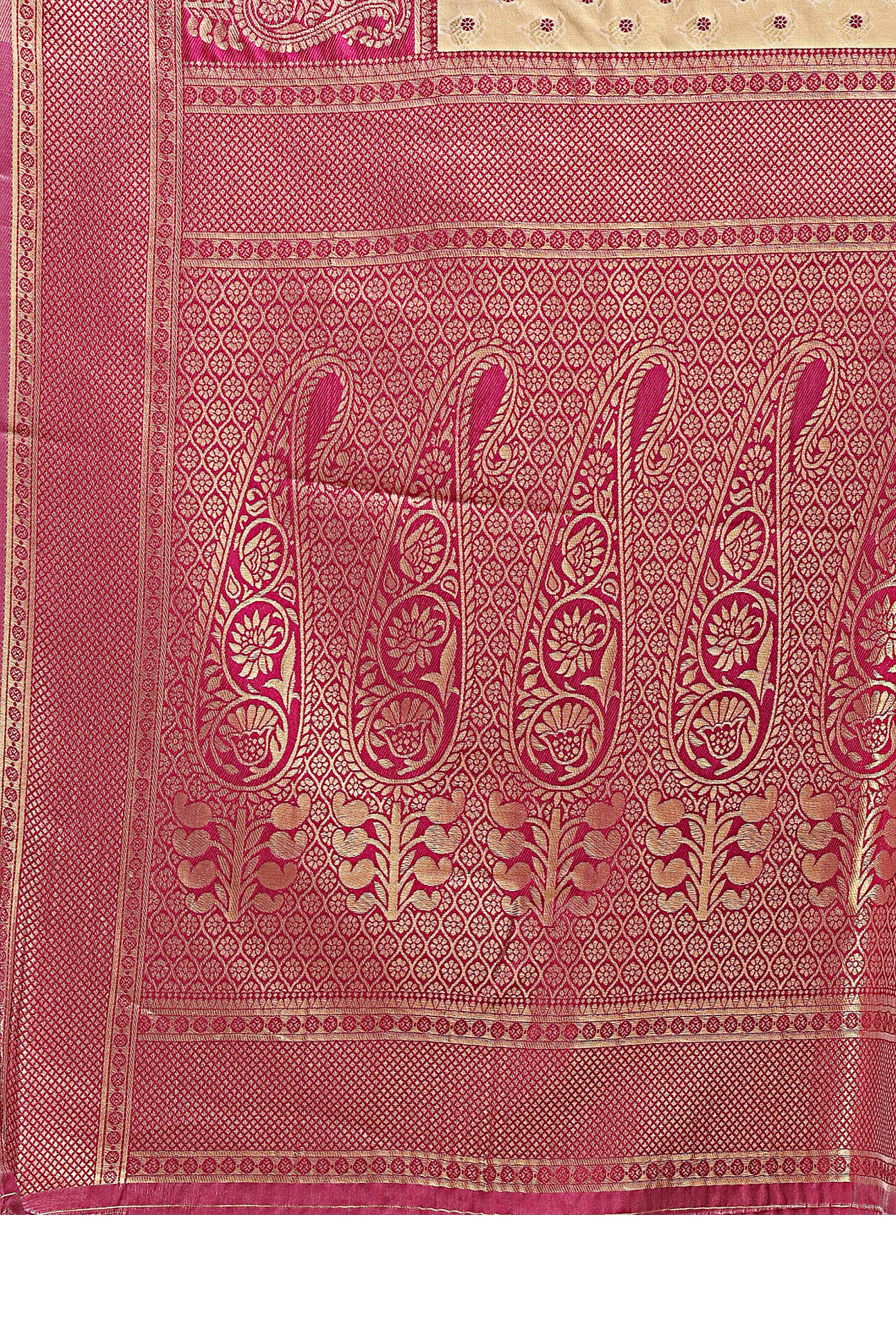 Cream Banarasi Silk Saree Featuring Lustrous Magenta Floral Zari Weaving and a Rich Contrast Border