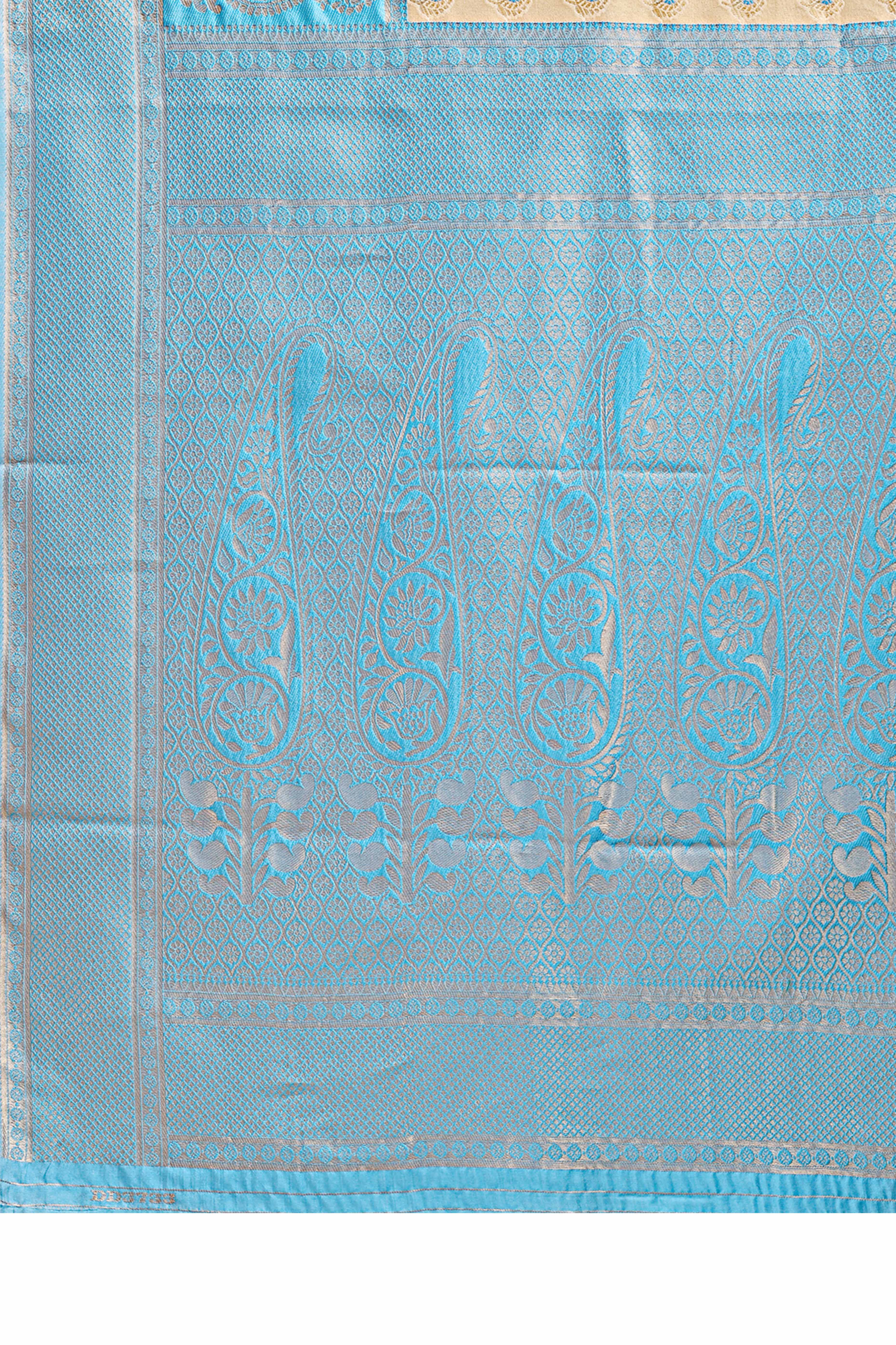 Cream Banarasi Silk Saree Featuring Lustrous Sky Blue Floral Zari Weaving and a Rich Contrast Border