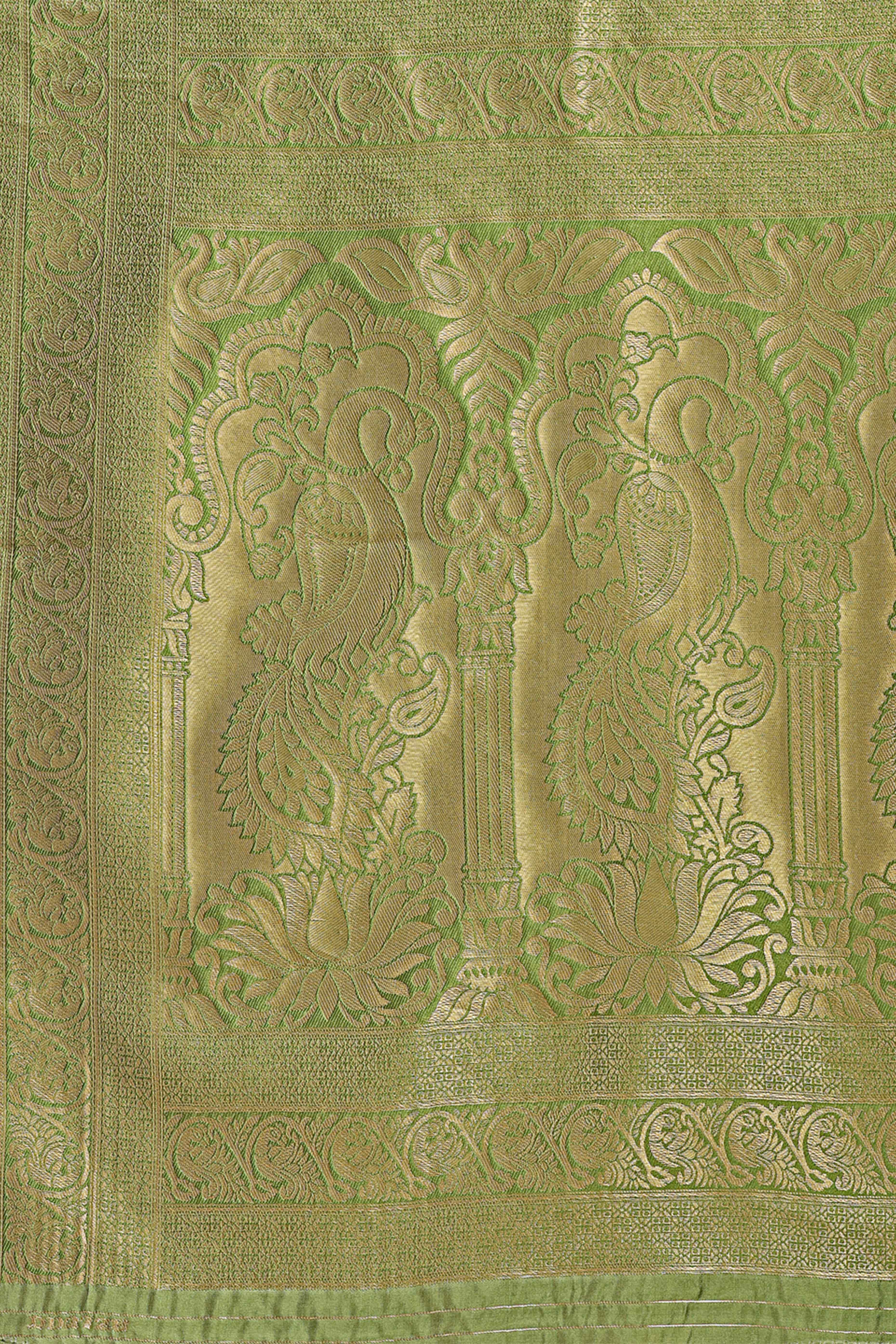 Cream & Light Green Floral Zari Weaving Banarasi Silk Saree With Intricate Peacock Pallu