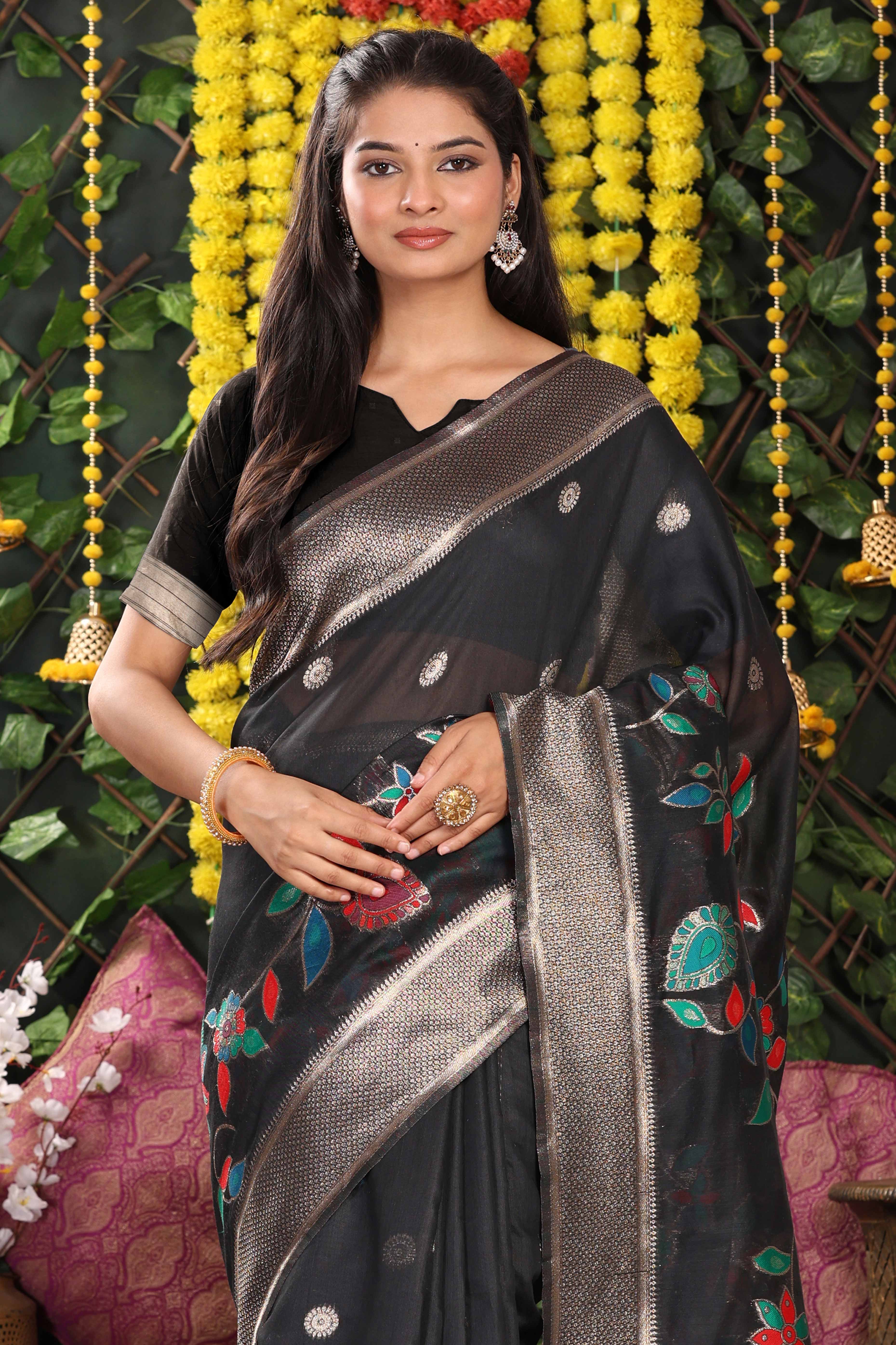 Black Linen Cotton Saree Showcasing Floral & Peacock Zari Woven Design