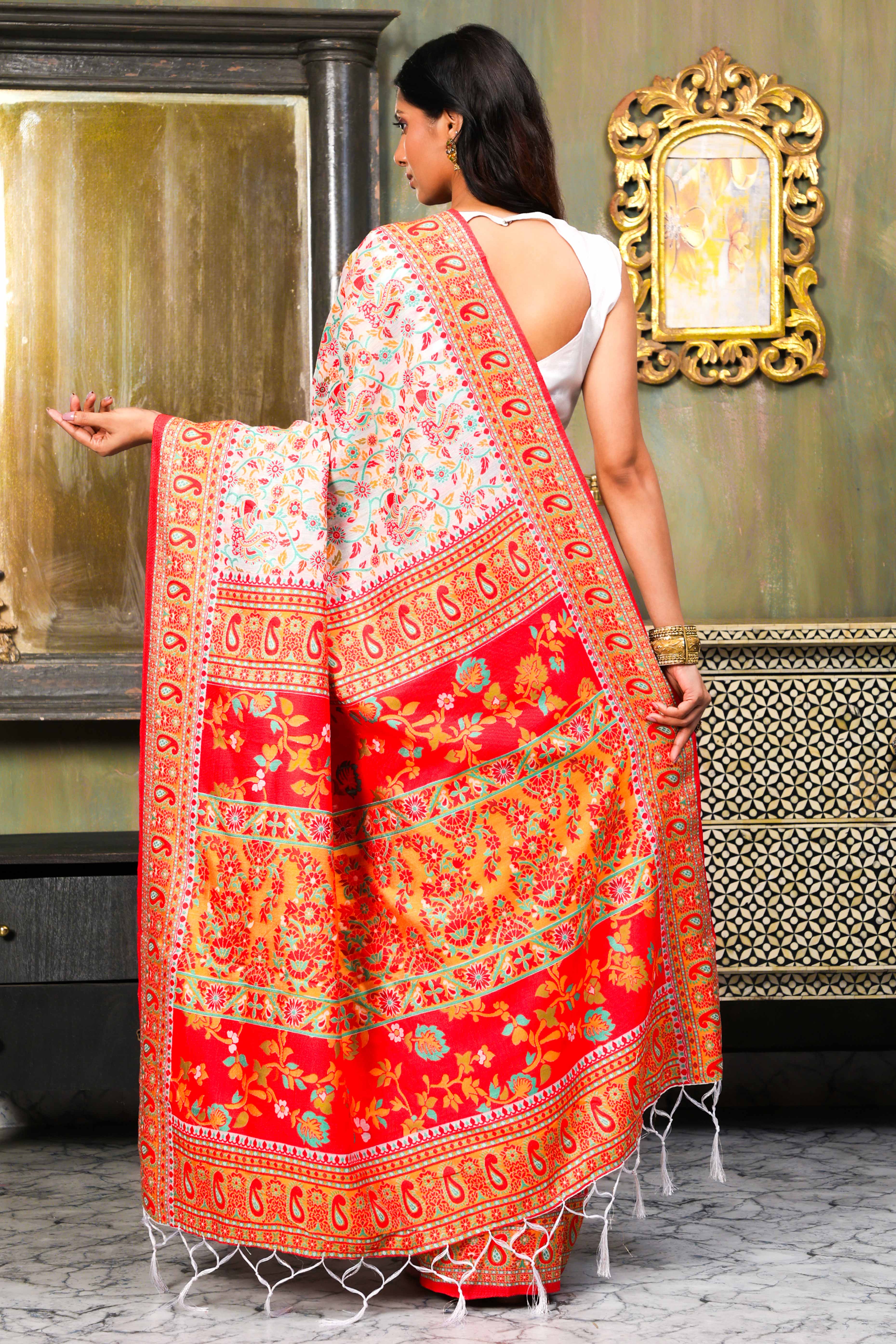 White With Multicolor Linen Cotton Silk  Saree Enhanced Floral Zari Weaving & Tasselled Pallu