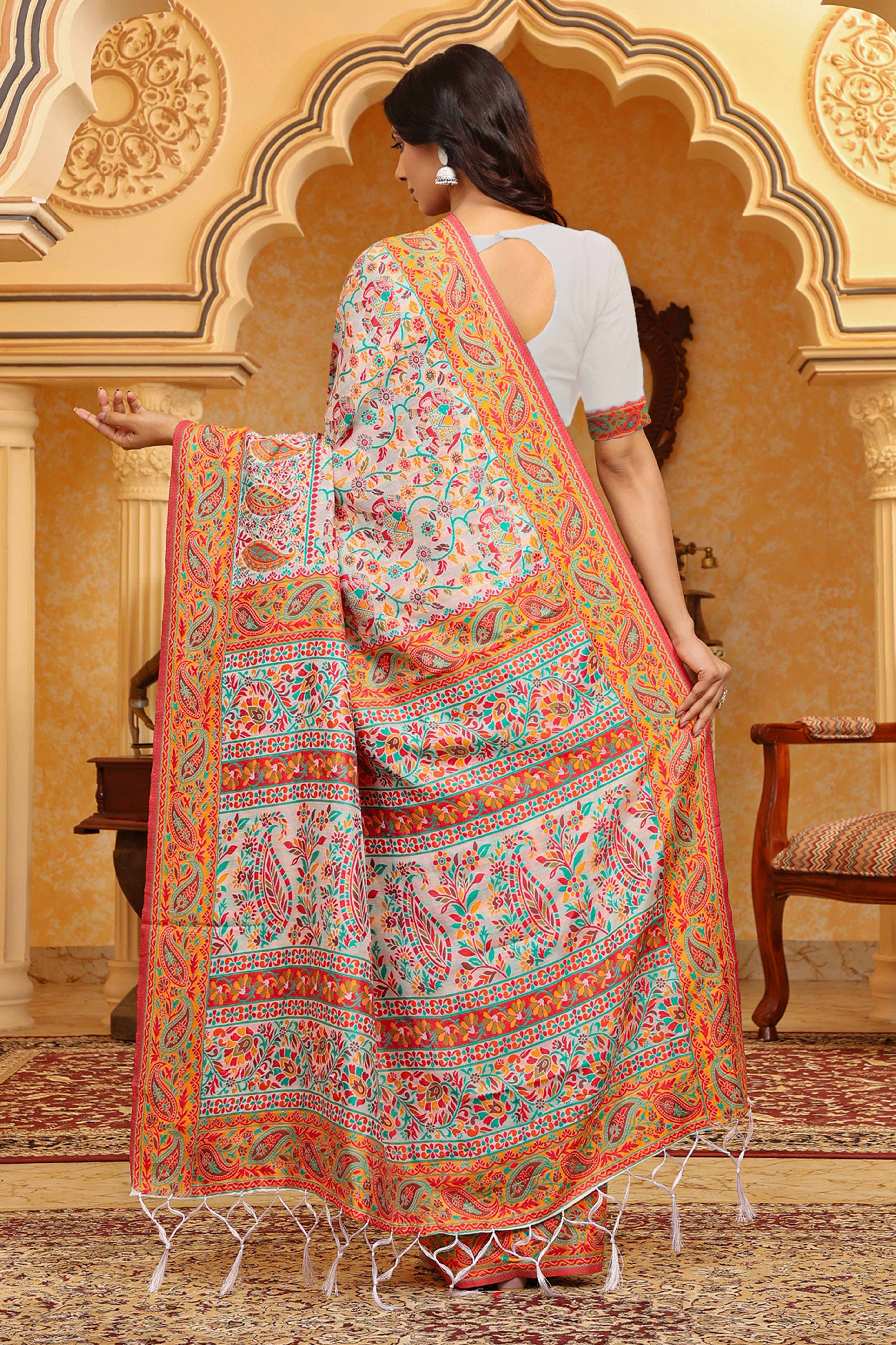 White With Multicolor Linen Cotton Silk  Saree Enhanced Floral Zari Weaving & Tasselled Pallu