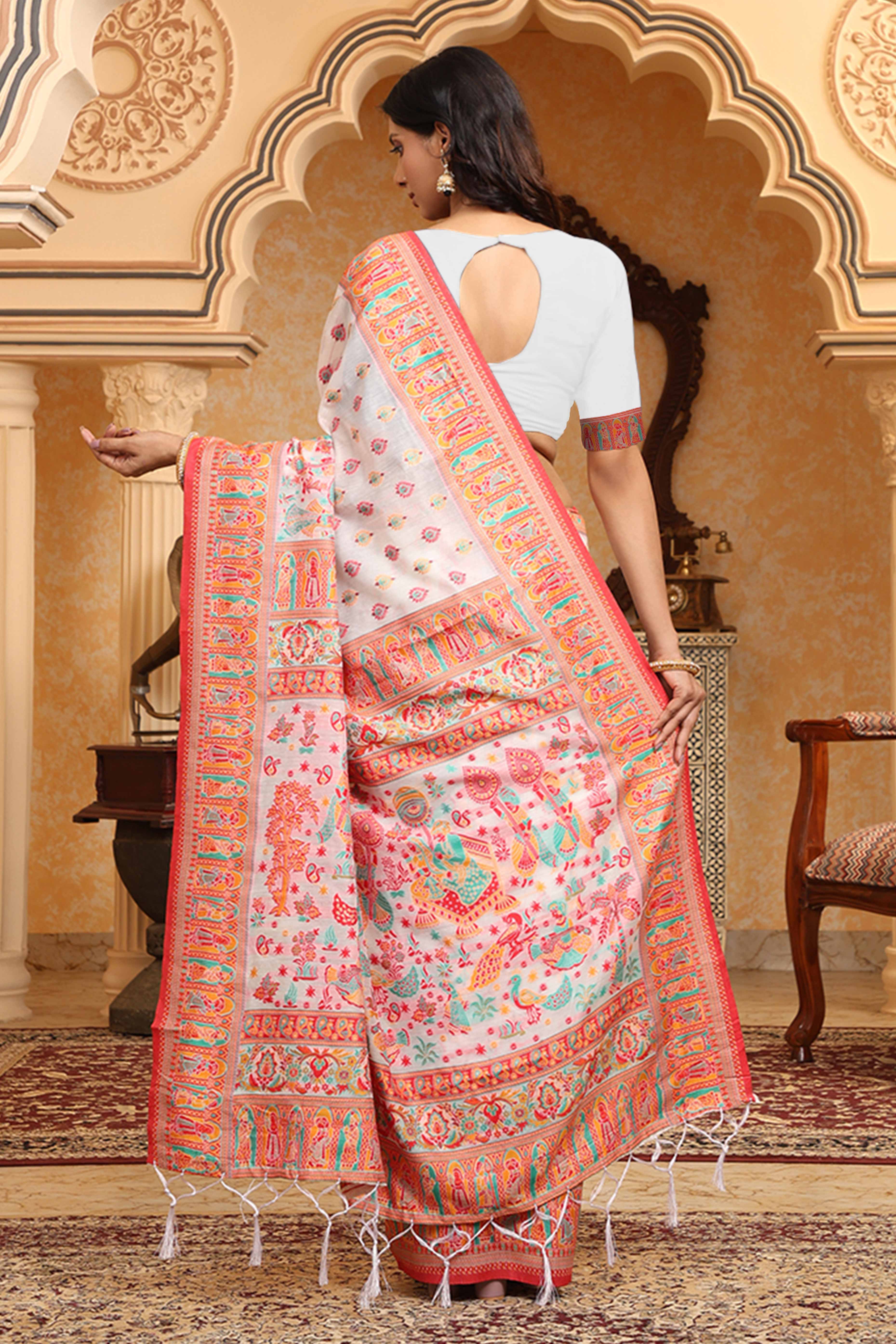 White With Multicolor Linen Cotton Silk  Saree Enhanced Floral Zari Weaving & Tasselled Pallu