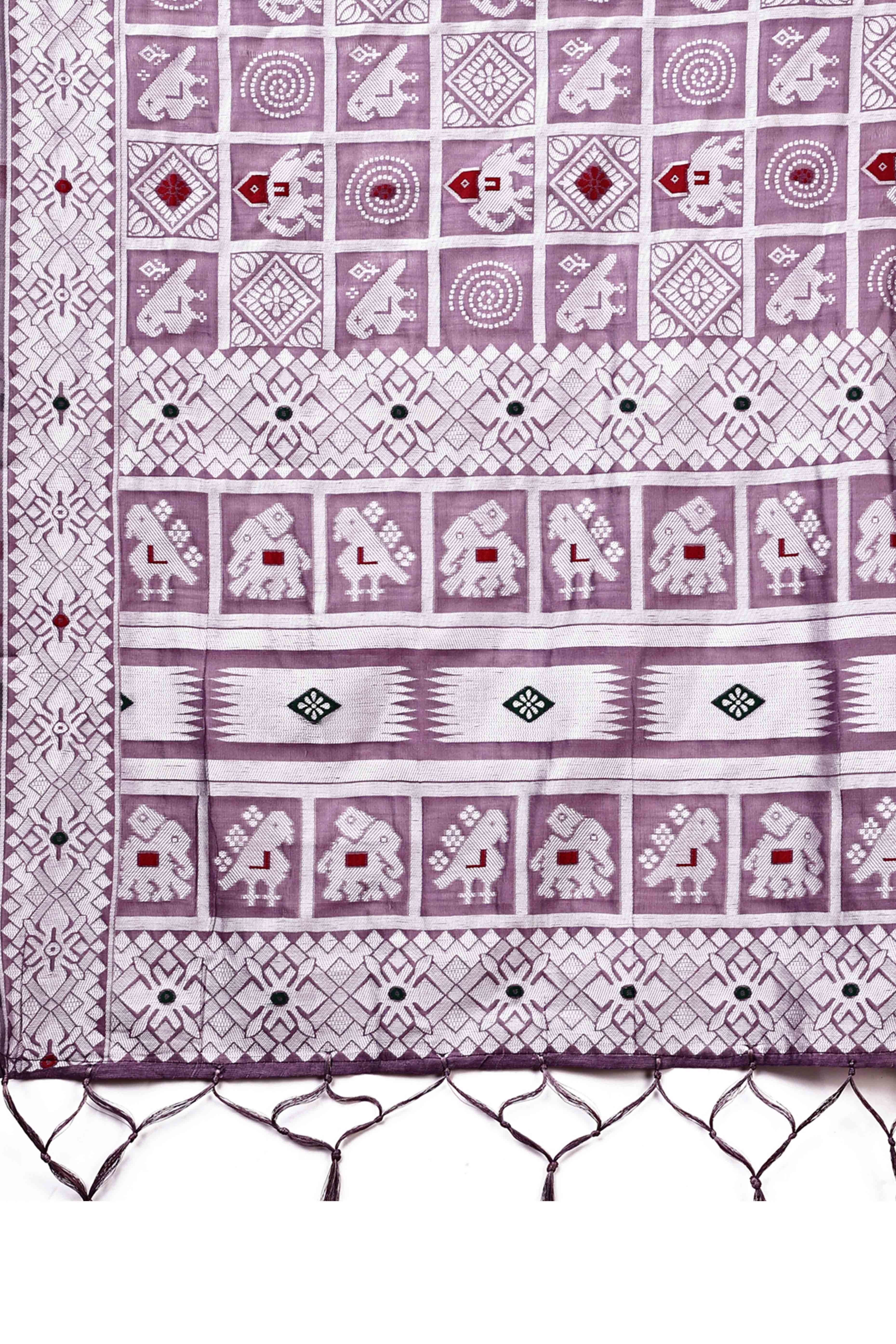 Lilac Purple Linen Cotton Saree Adorned With Zari Weaving & Tassel pallu