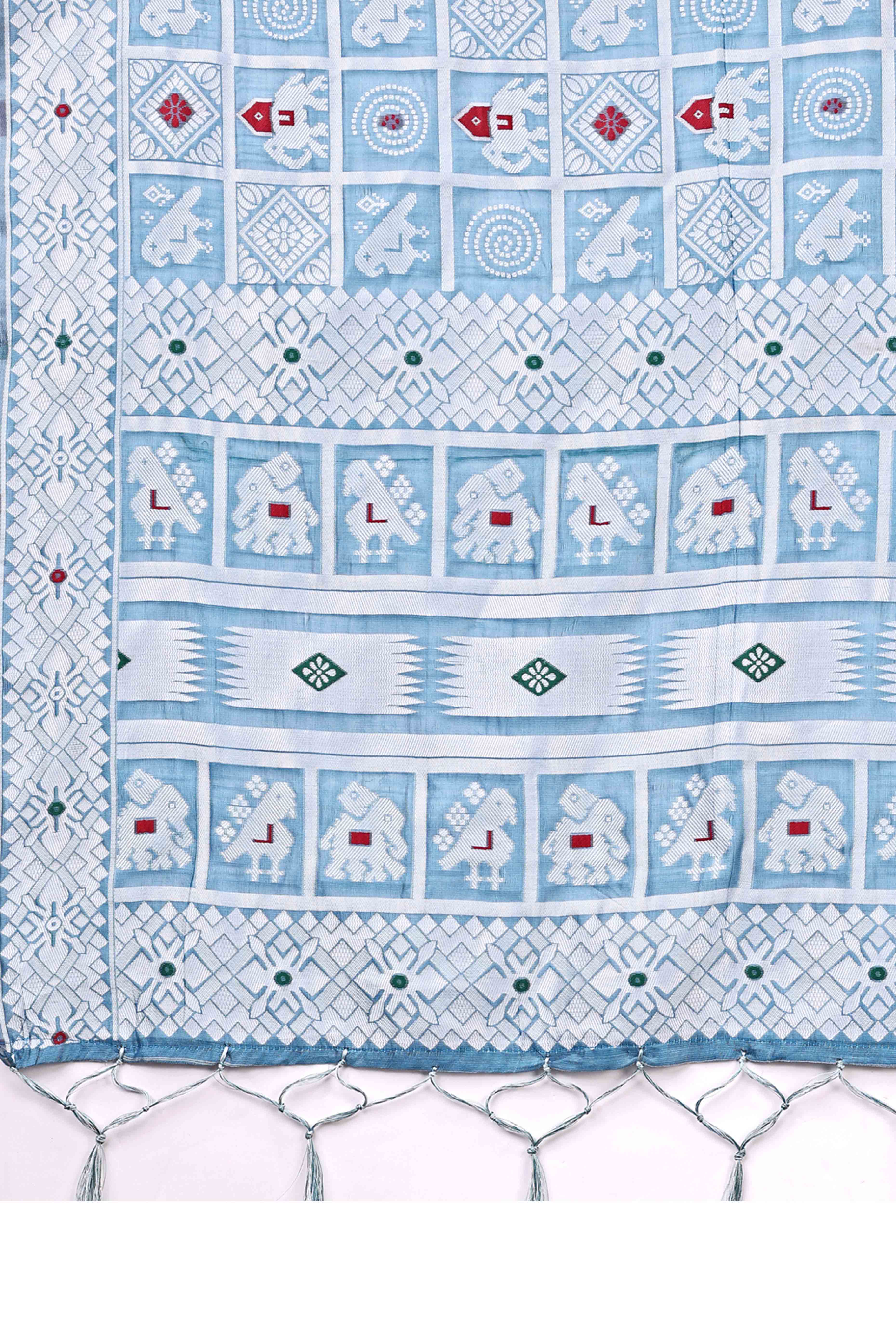 Blue Linen Cotton Saree Adorned With Zari Weaving & Tassel pallu