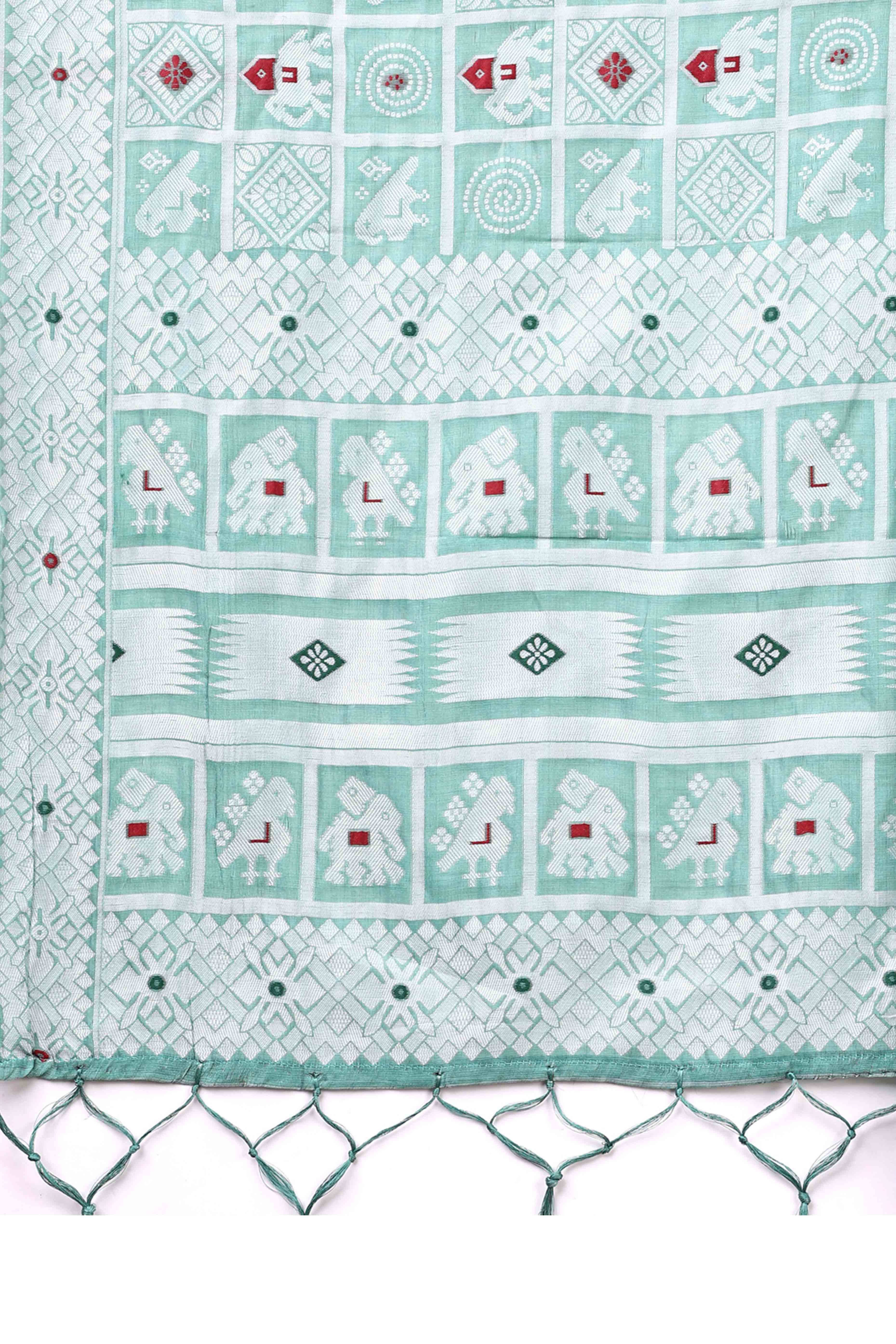 Green Linen Cotton Saree Adorned With Zari Weaving & Tassel pallu