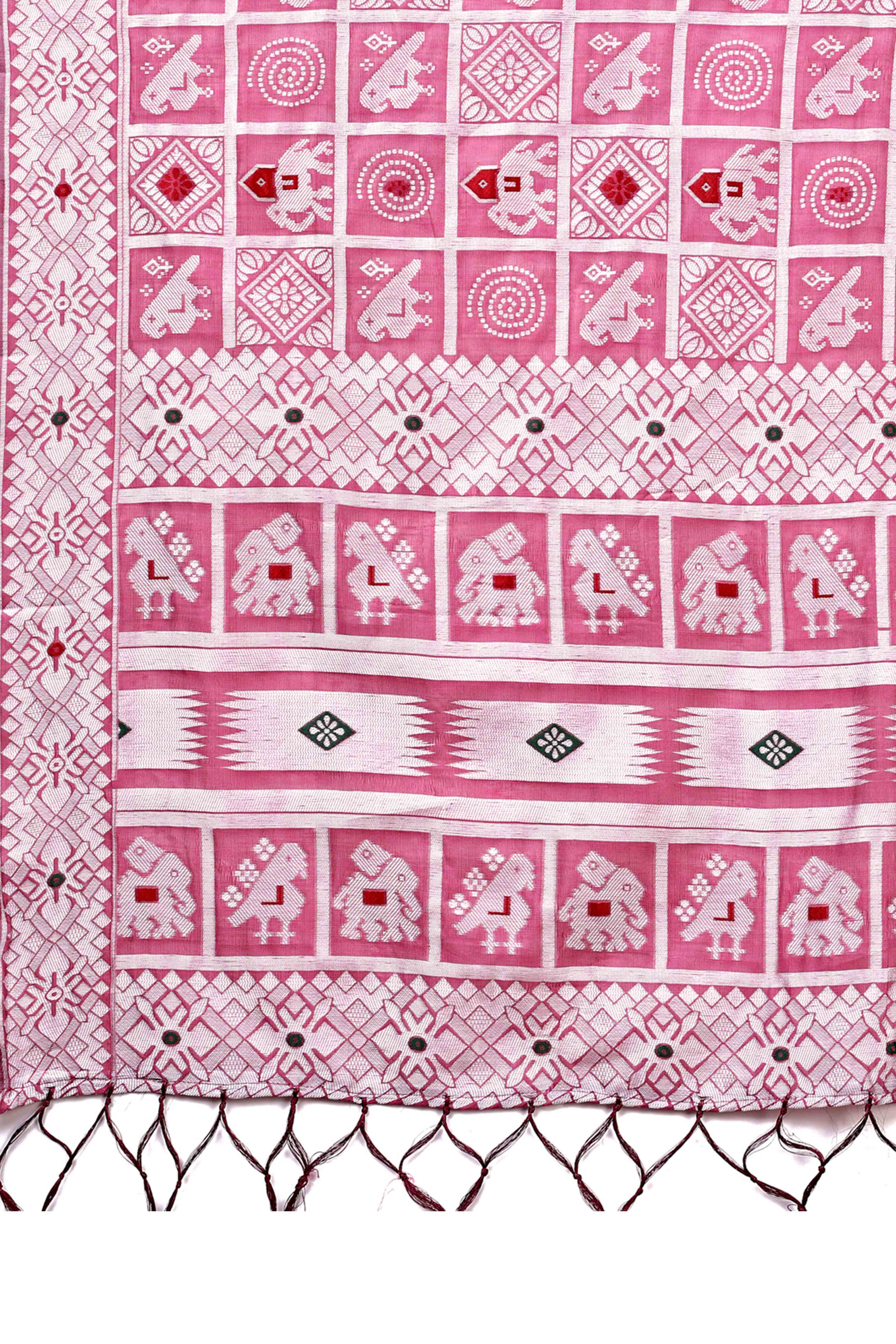Pink Linen Cotton Saree Adorned With Zari Weaving & Tassel pallu