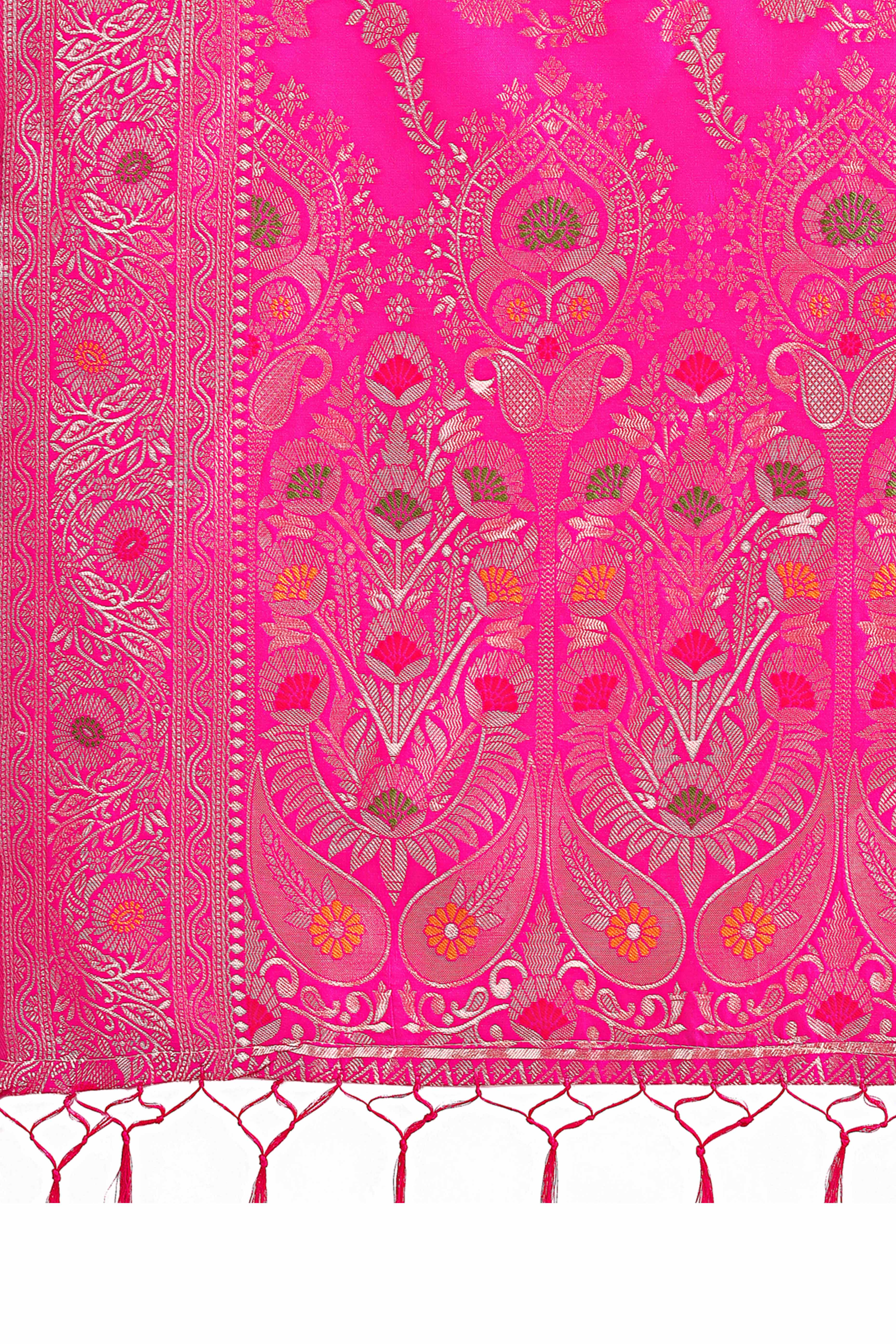 Rani Pink Banarasi Silk Saree With Intricate Floral Weave & Elegant Tassel Accents