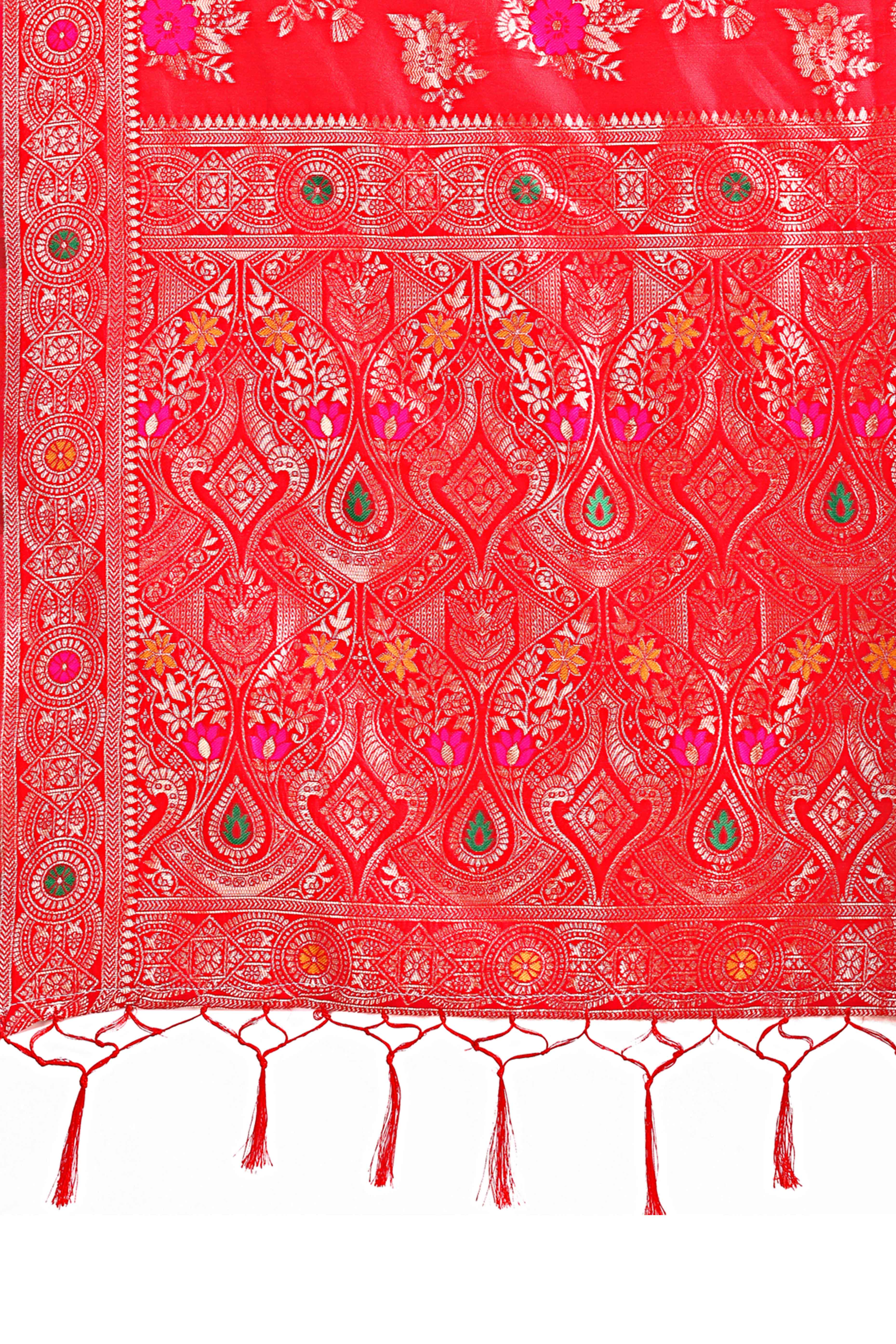 Red Banarasi Silk Saree With Intricate Floral Weave & Elegant Tassel Accents