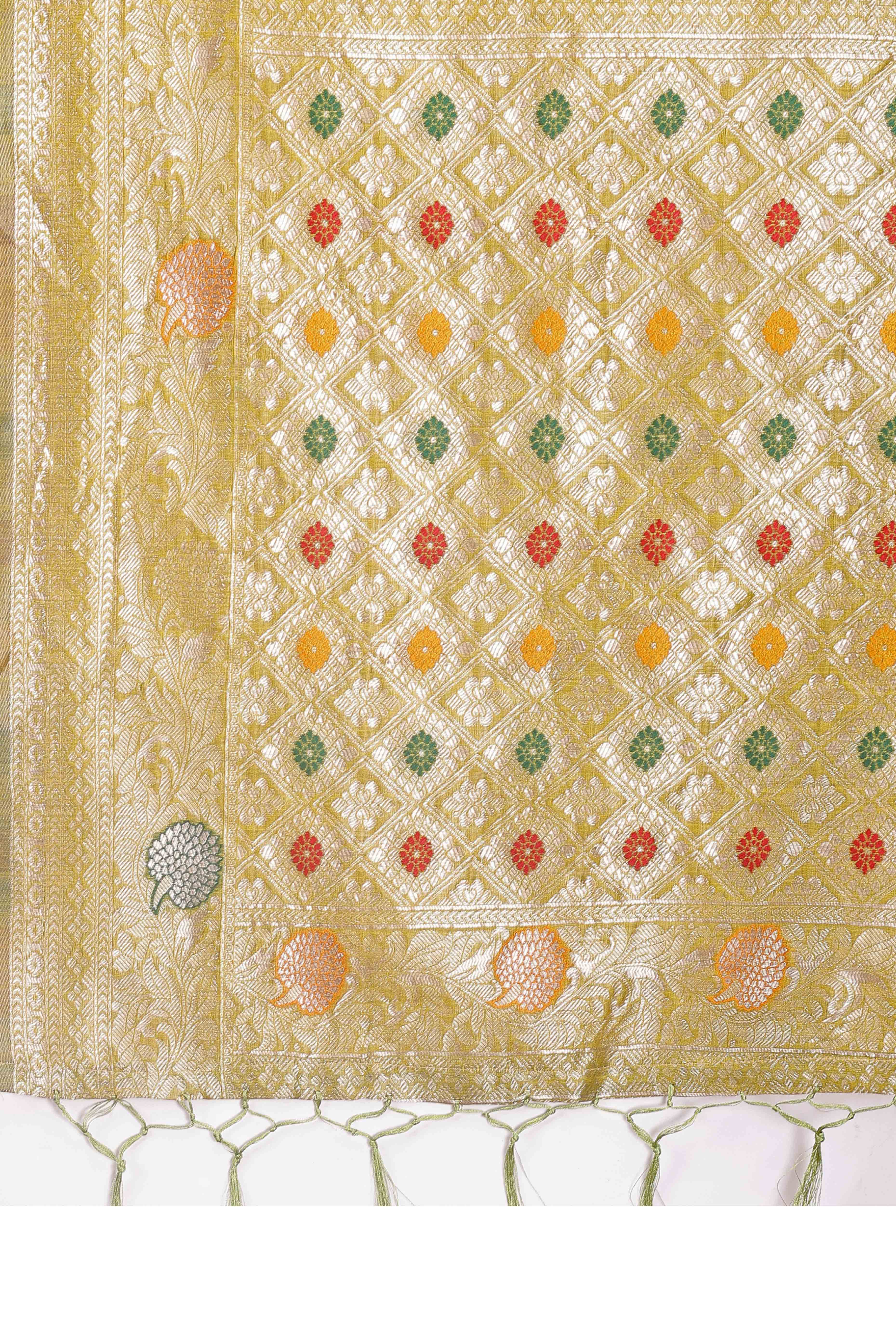 Green Lichi Cotton Blend Saree With Zari Floral Weaving & Tassel Detailing