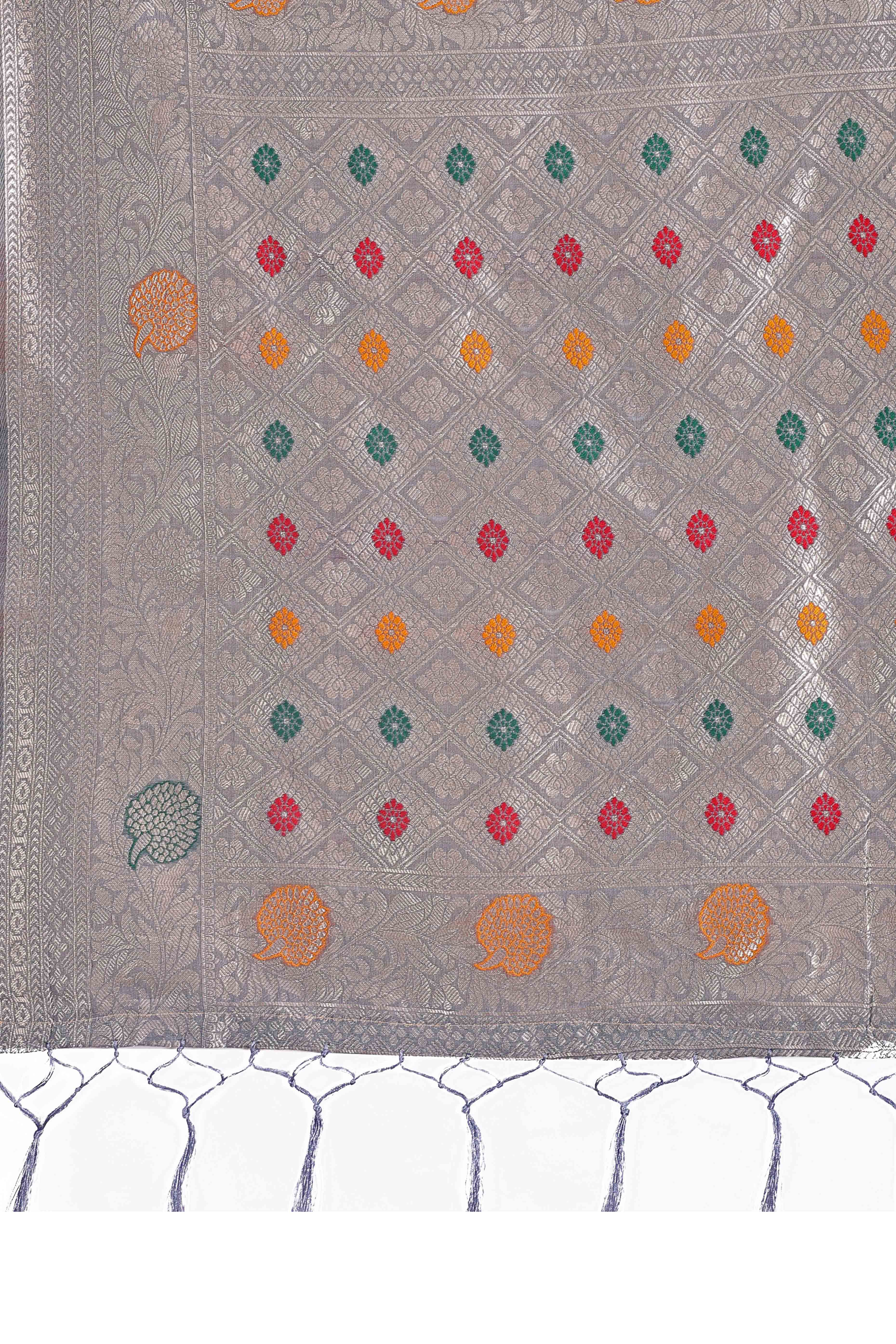 Grey Lichi Cotton Blend Saree With Zari Floral Weaving & Tassel Detailing