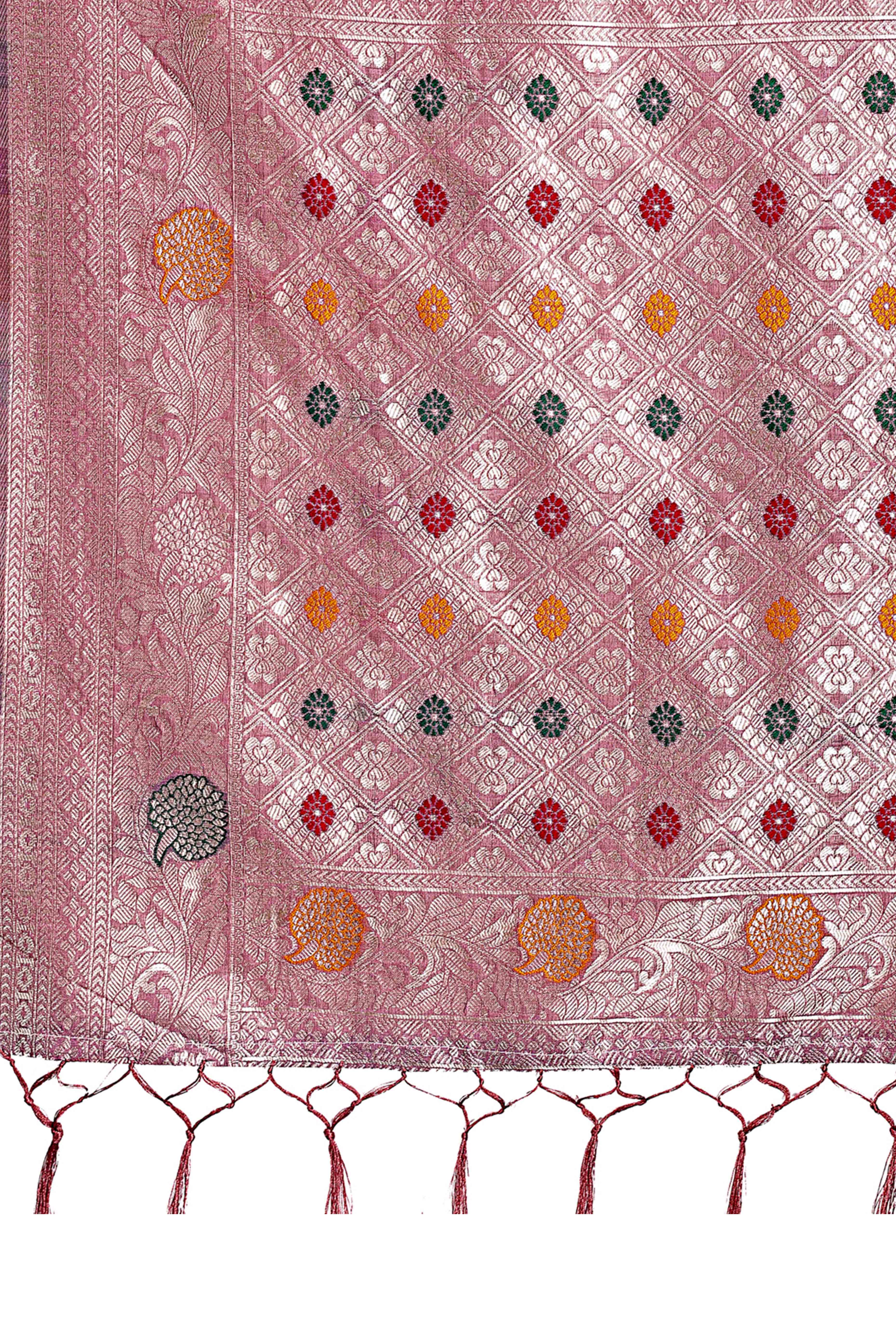 Purple Lichi Cotton Blend Saree With Zari Floral Weaving & Tassel Detailing