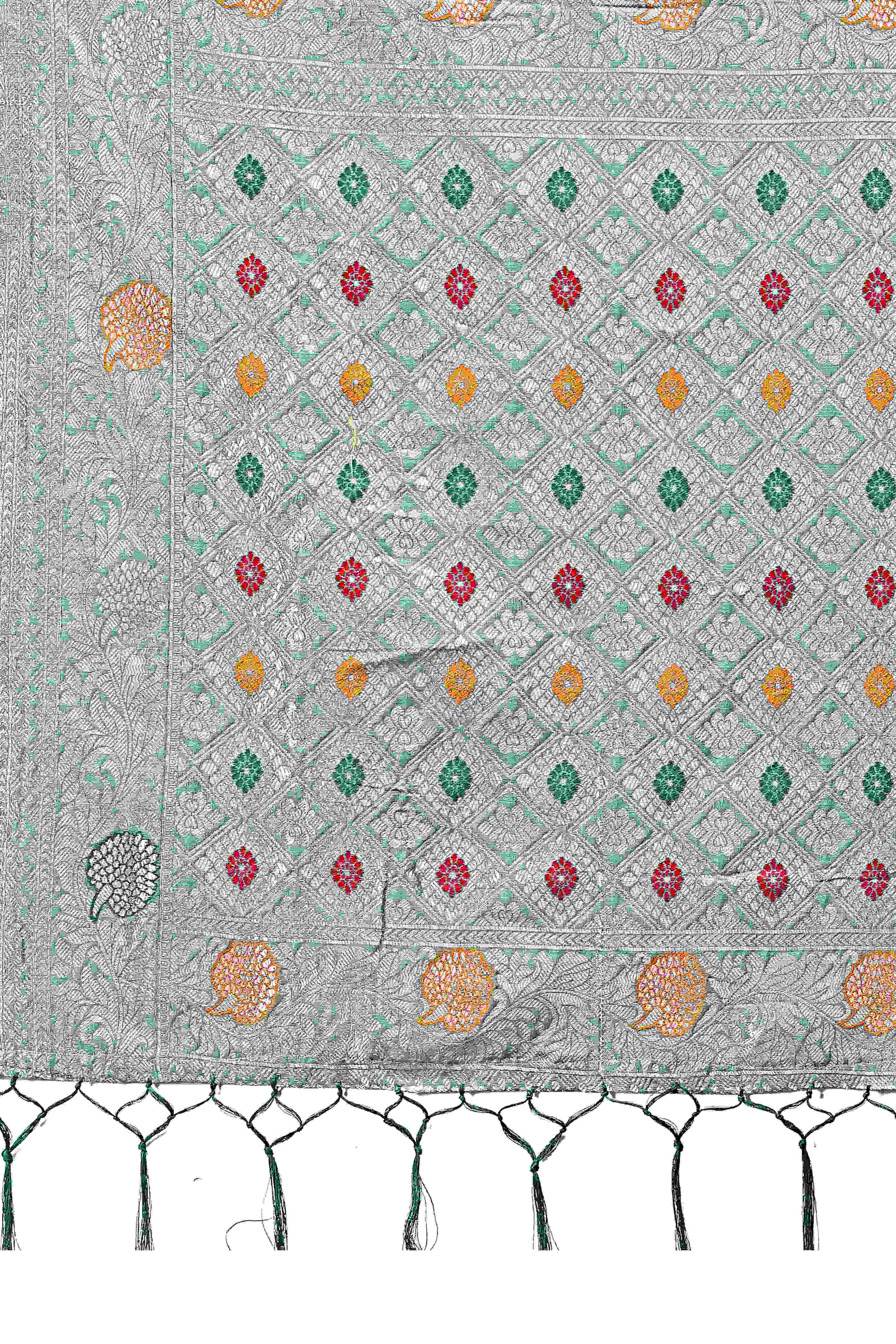 Blue Lichi Cotton Blend Saree With Zari Floral Weaving & Tassel Detailing